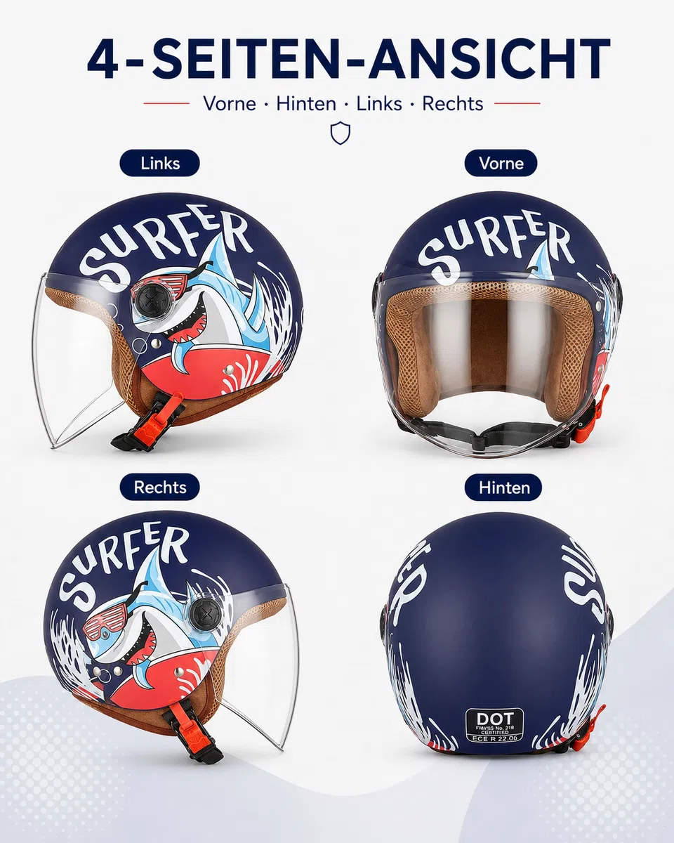 FREEUP Kinder Motorradhelm Roller Helm jethelm mit Sonnenblende, Mädchen Rollerhelm Junge Mofa helm, Schnellverschluss tasche, 48-55cm, für 5 Jahre - 12 Jahre Kid
