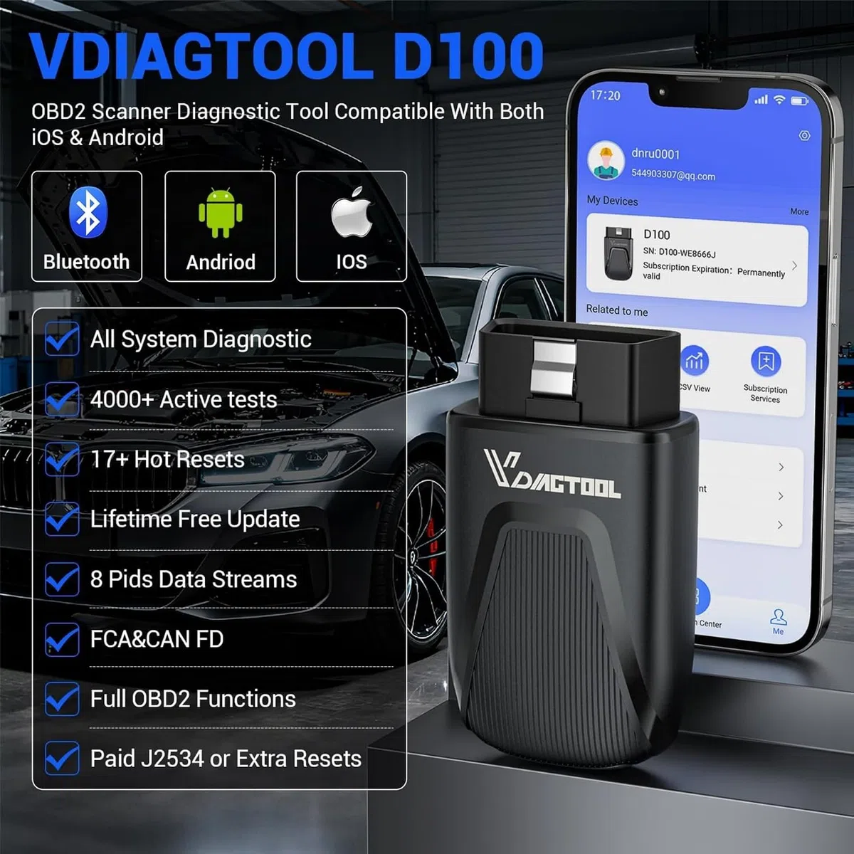 Diagnosegerät Auto Bluetooth VDIAGTOOL D100, Vollsystem Bidirektionales OBD2 Diagnosegerät mit 17+ Reset, Lebenslange Updates Auslesegerät Auto für Android & iOS, FCA & CAN-FD Fahrzeug Kfz OBD Scanner