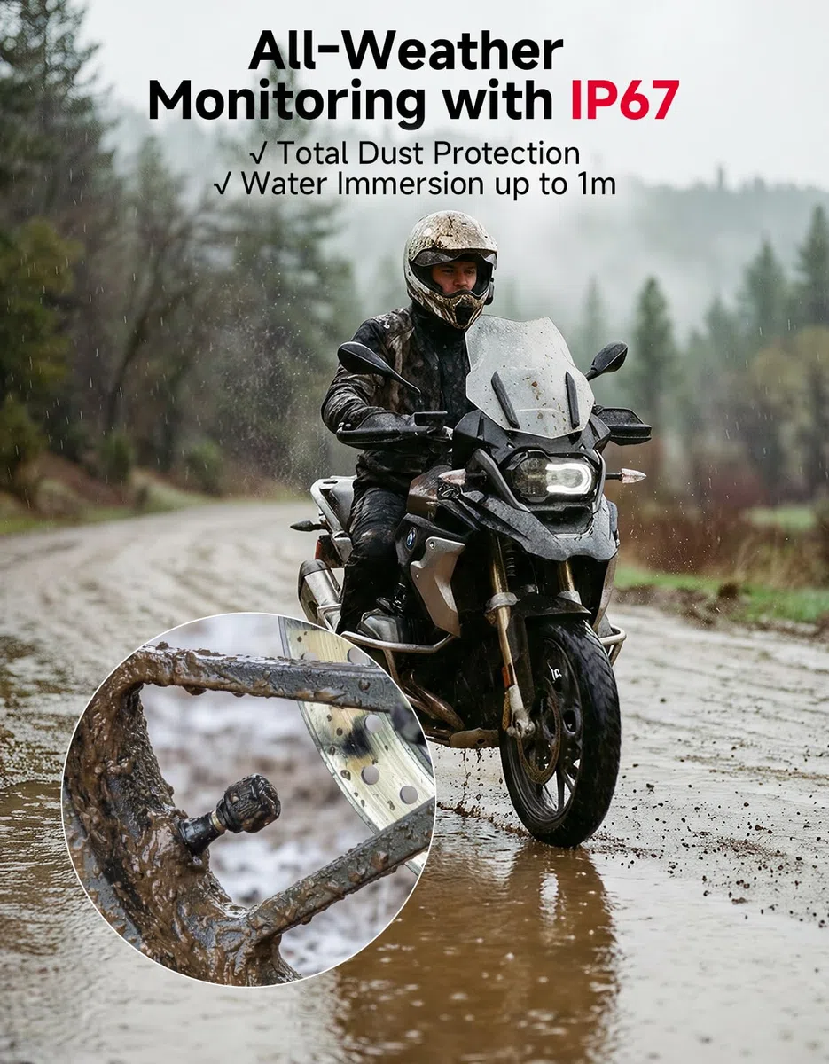 KEMIMOTO Reifendruckkontrollsystem, Motorrad TPMS System, IP67, Reifendruck und Temperatur Monitor, Batterie Langer Lebensdauer, für ATV Dirt Bike