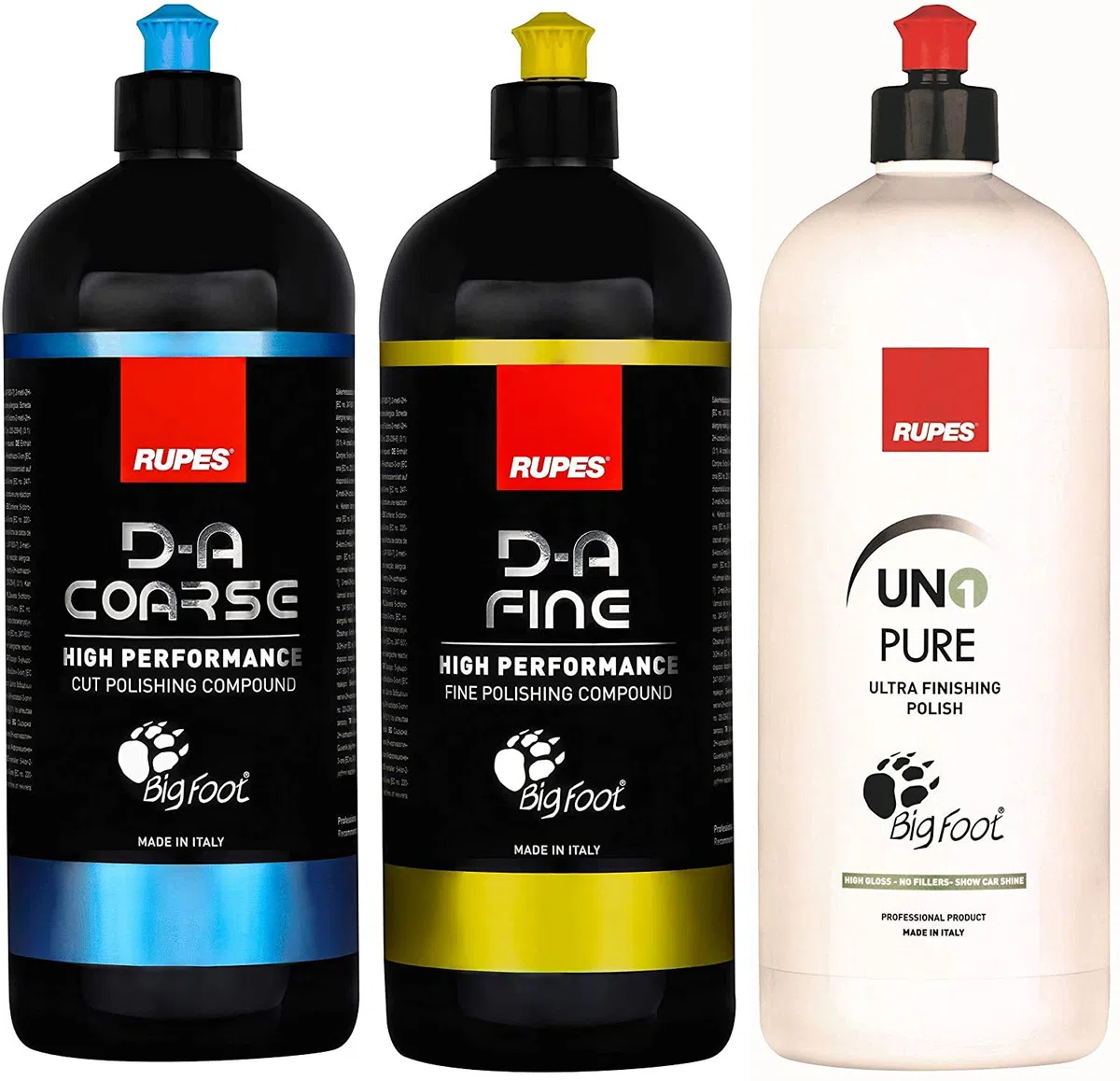 Clean Garage Rupes DA-System-Kombi-Set, 3 x 1-Liter-Flaschen, Politur und Compound-Aufkleber im Lieferumfang enthalten