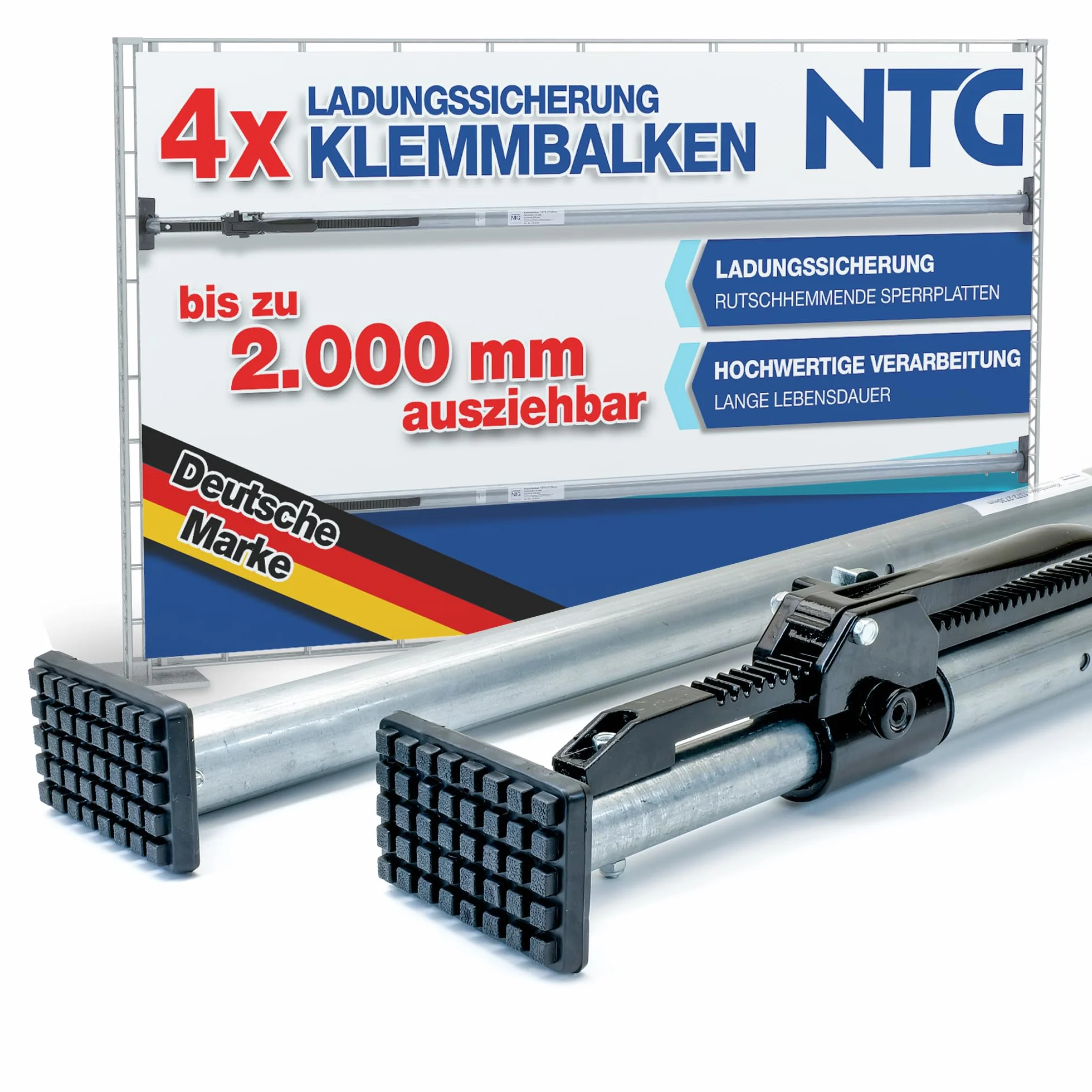 NTG Klemmbalken 1630–2000 mm – ausziehbare Spannstange zur Transportsicherung für LKW, Anhänger & Transporter – robuste Ladungssicherung Stange aus Aluminium mit Sperrfunktion – 4 Stück