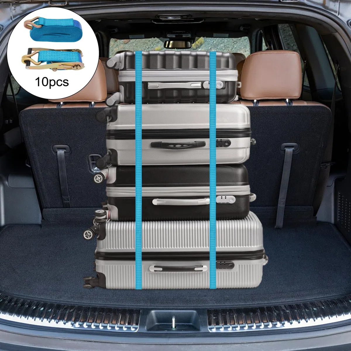 10 Stück Zurrgurte mit Ratsche und Haken, 5000 kg 8 m x 50 mm Zurrgurt | Ratschengurte Tragfähigkeit 5 t, für die professionelle Ladungssicherung auf Anhängern und LKWs verwendet (Blau)