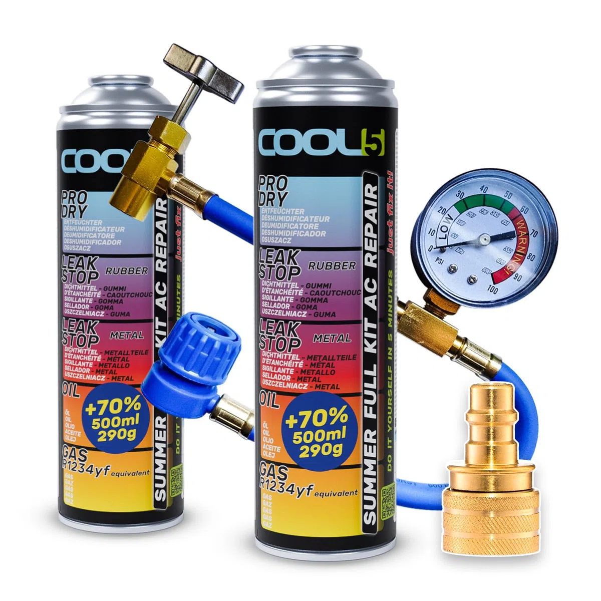 2X Summer Full KIT AC 5in1 Klimaanlagen-Reparaturset (Ersatzgas R1234yf) mit Messschlauch + Adapter YF – für Fahrzeuge ab Baujahr 2017, 2X 290 g, 70% Produkt – Klimaanlagenlösung.