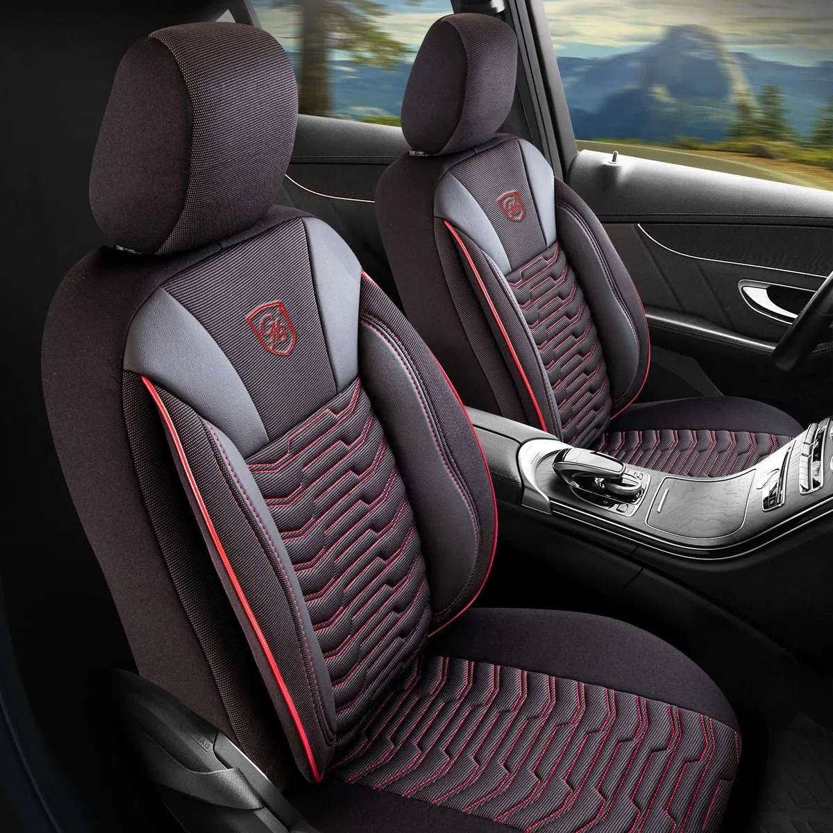 Autositzbezüge Universal für PKW & SUV – Premium Vordersitze Auto Sitzbezug aus Piqué-Stoff, Schwarz-Rot, Airbag-Kompatibel Sitzauflage, Autoschonbezug, Komplett Set inkl. Montageset