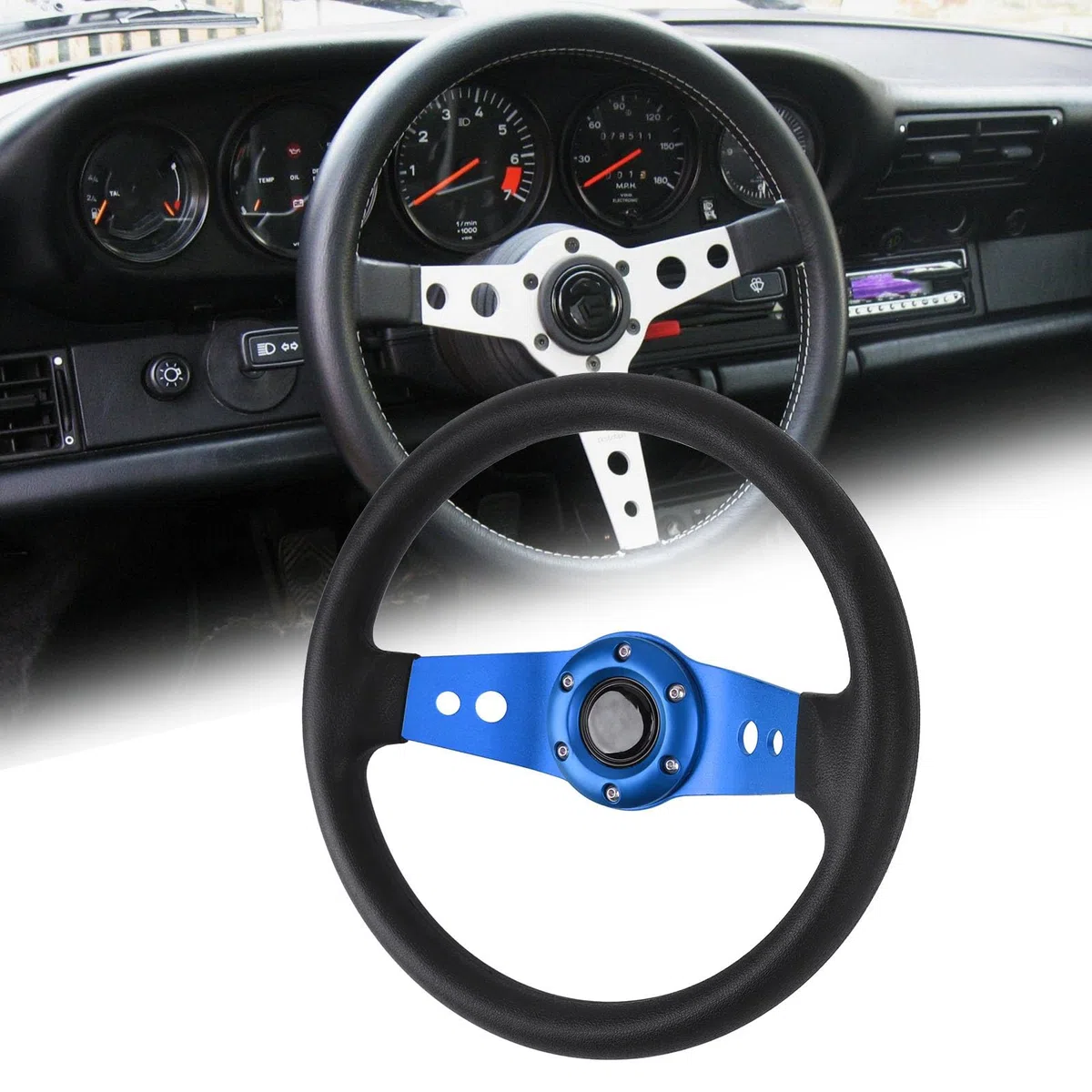 13-Zoll-Auto-Lenkrad Rennsport-Lenkrad PU Stilvoller Look Schlagfester Verbesserter Griff Einfache Installation Rennlenkrad für Fahrzeuge (BLUE)