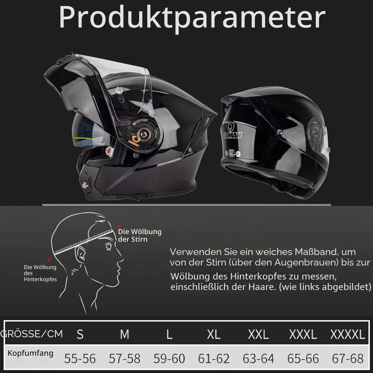 Klapphelm Motorradhelm Rollerhelm mit Doppeltem Sonnenvisier DOT/ECE Zertifiziert Klappbarer Modularer Motorrad Helme Integralhelm Multifunktion Sturzhelm für Damen Herren, Schwarz-4XL(67~68cm)