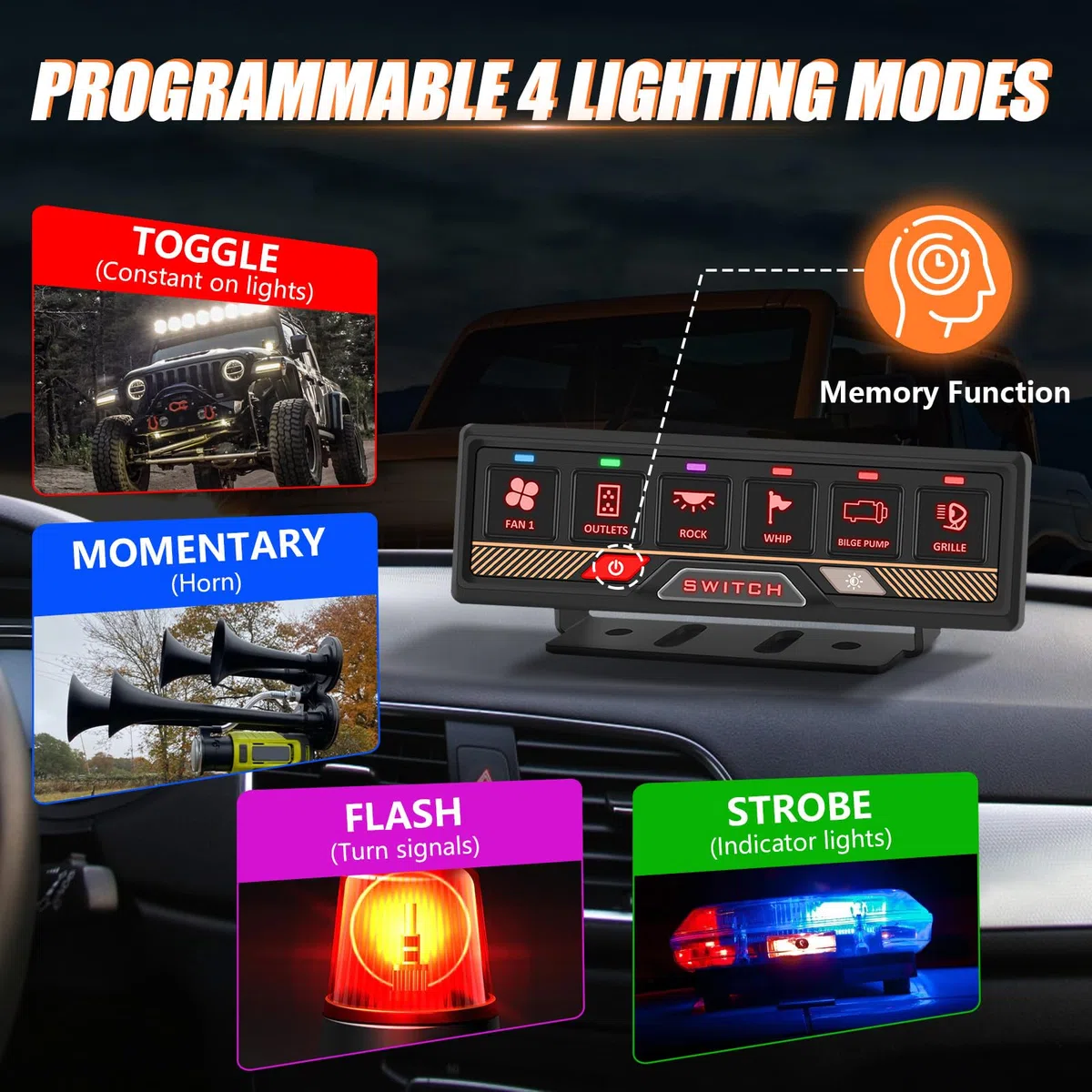 Chelhead 6 Gang RGB Schalterpanel mit App & Fernbedienung | Bluetooth App- und Fernbedienungssteuerung mit 70m Reichweite. 4 Lichtmodi, geeignet für 12V-24V Fahrzeuge