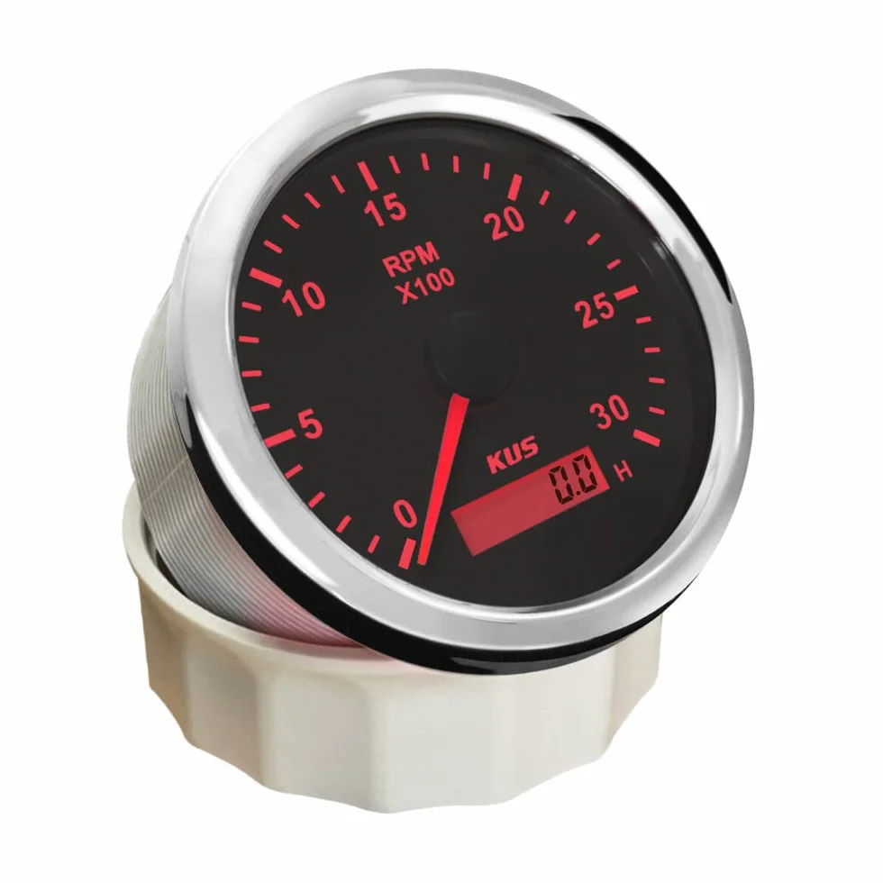KUS Wasserdichte Drehzahlmesser Drehzahlmesser Mit Betriebsstundenzähler 3000 RPM 85mm 12 V / 24 V Mit Hintergrundbeleuchtung (Schwarz)