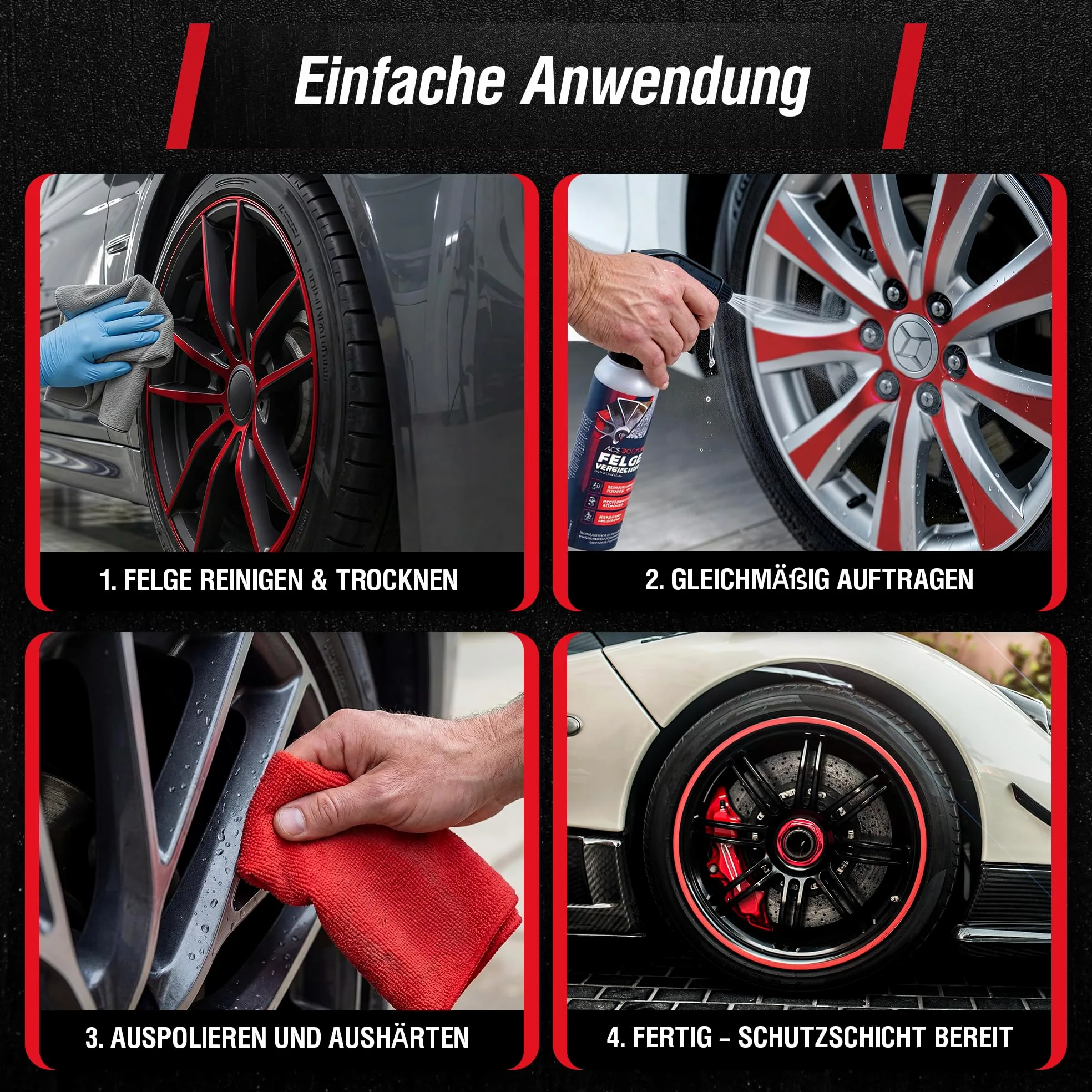 ACS3000 EASY Felgenversiegelung – Keramikbeschichtung für Felgen – Langzeitschutz gegen Bremsstaub, Salz & Schmutz – Hydrophober Lotus-Effekt, Keramik Versiegelung, Schutzversiegelung inkl. Poliertuch