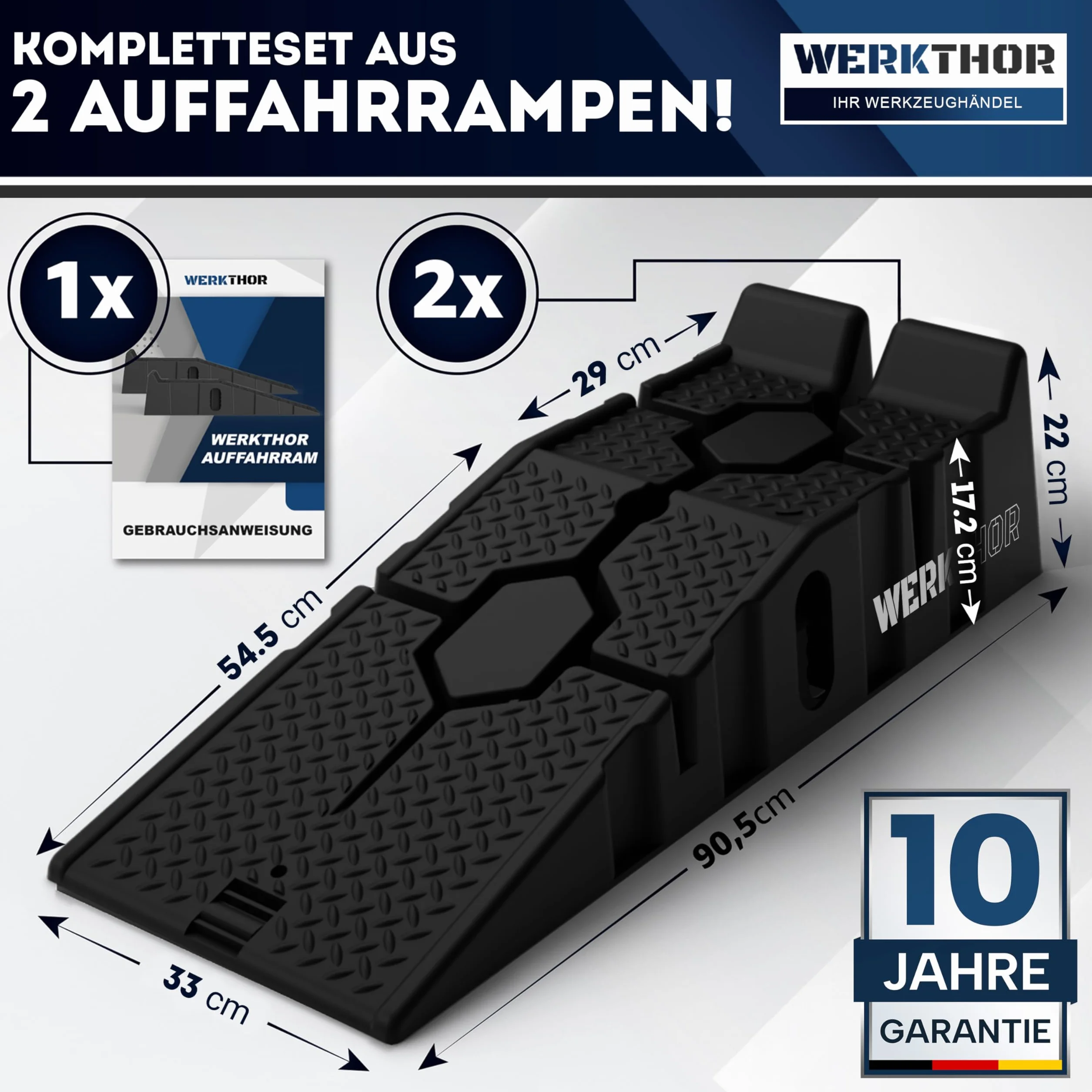 WERKTHOR Auffahrrampe PKW - [2er Set] Auffahrrampen für Maximalen Halt - Robuste Hebebühne Auto für Jeden Untergrund [2,5T] - Perfekt für Fahrzeuge (bis 2.500 kg) - HDPE-Kunststoff