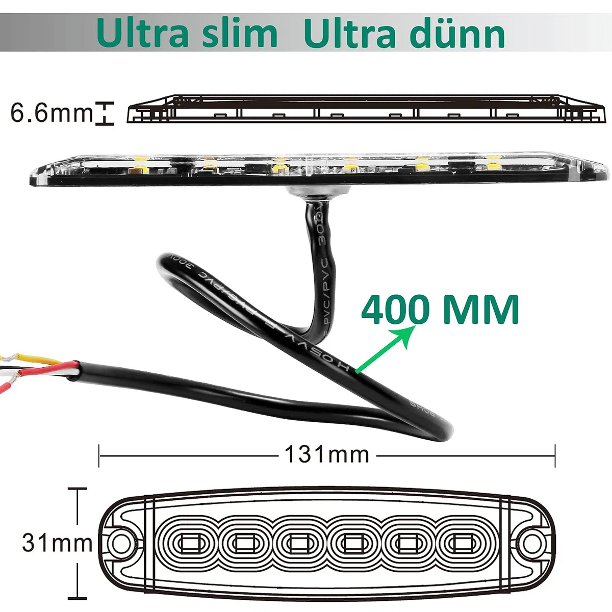 12V/24V 6LED Warnlicht Stroboskoplicht,Ultradünn Led Seite Frontblitzer Amber Blitzer Blitzmodul Orange,Notfall Warnung Beacon Blinklichter led Gelb Bar für Autodachträger PKW LKW ECE R65 R10
