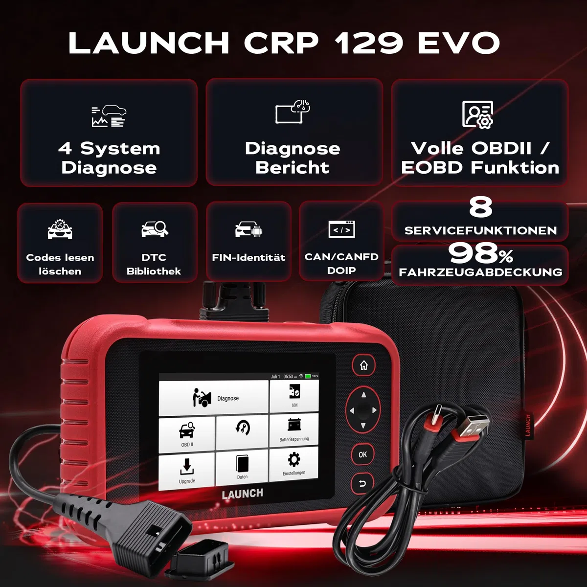 Launch CRP 129 EVO V3 OBD2 Diagnosegerät für PKW, 4-Systeme, 8 Services | Auto VIN, Live-Werte, Diagnoseberichte, CAN FD/DoIP, BST-360/i-TPMS Erweiterung, kostenlose Updates & Online-Feedback