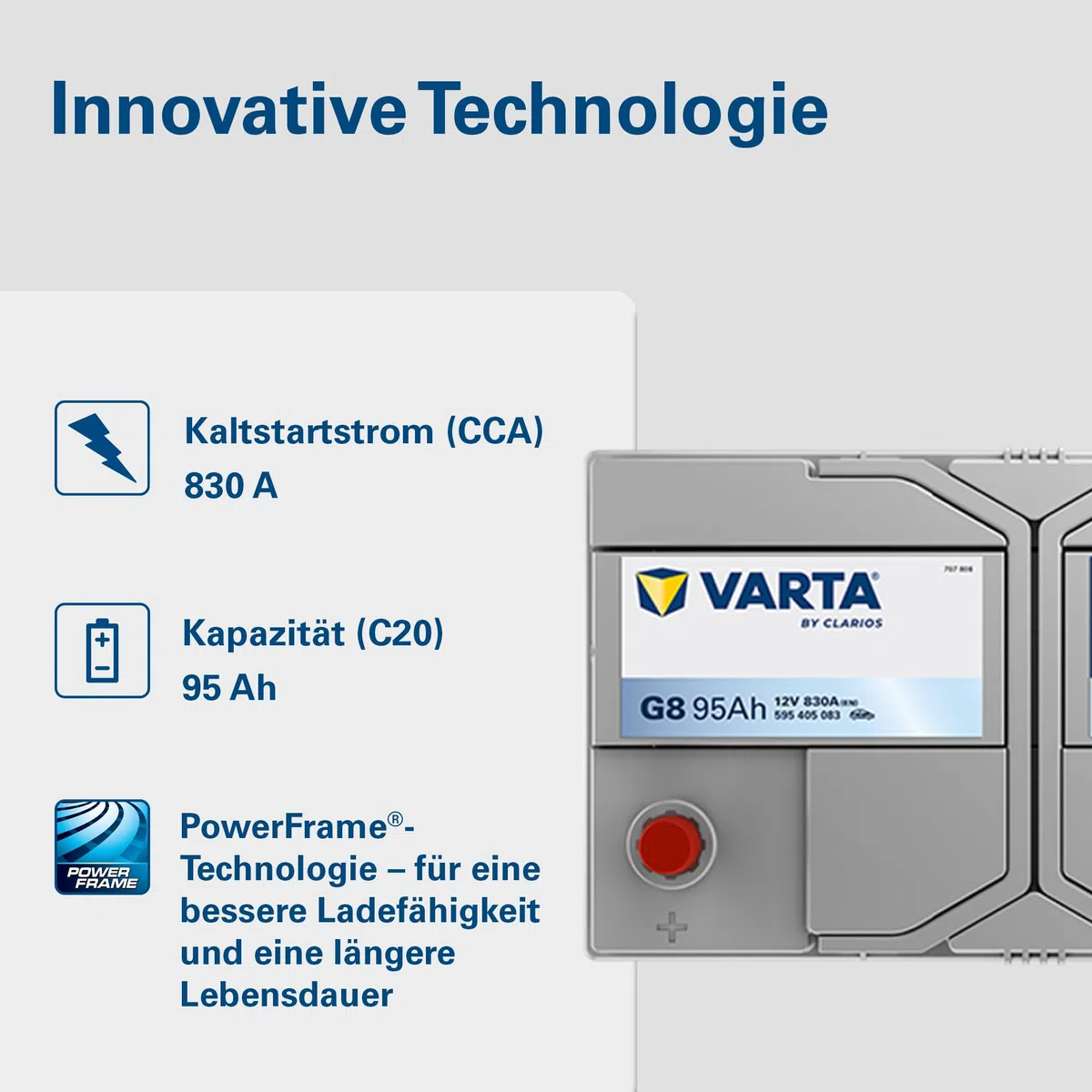 VARTA Automotive DYNAMIC SLI (G8) 12V 95Ah 830A - Nassbatterie KFZ mit Standardausstattung & ohne Start-Stopp System - Starterbatterie für einfachen Energiebedarf - Bleisäurebatterie wartungsfrei