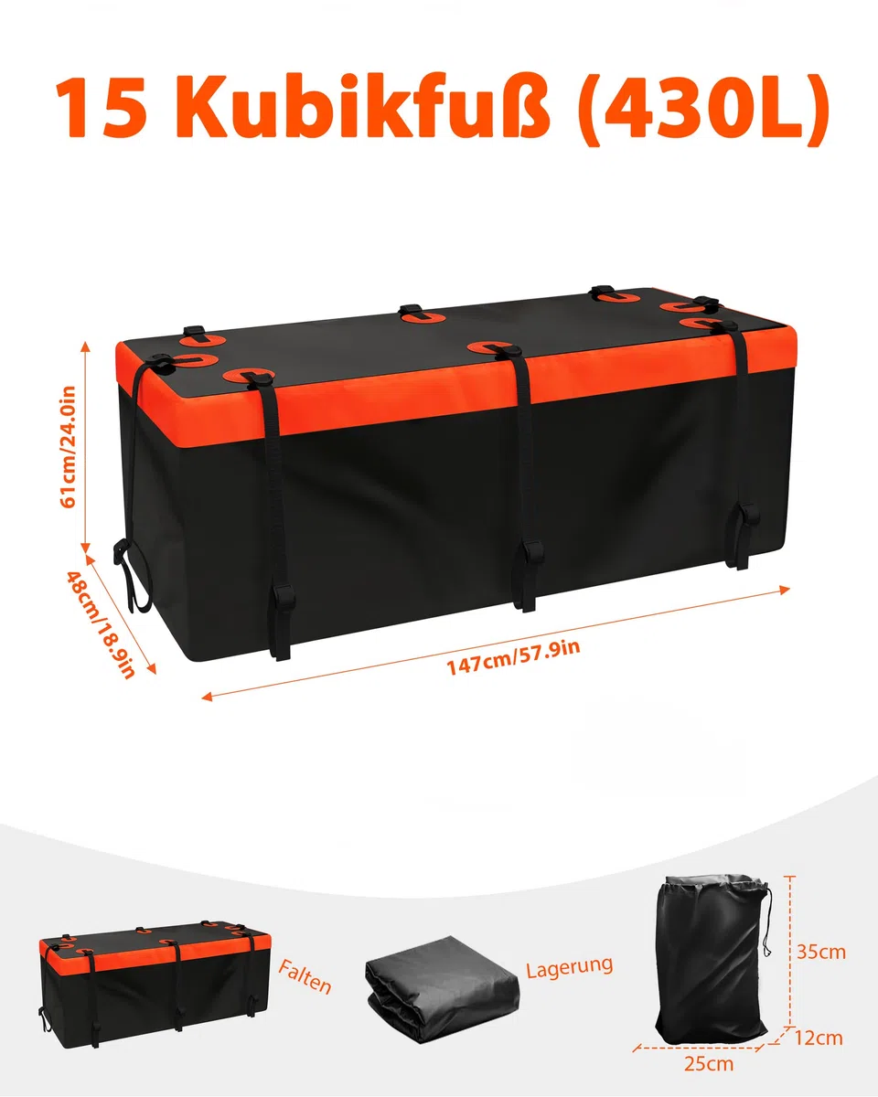 Signstek Softshell-Heckträger Hecktasche für Anhängerkupplung, Wasserdichter Heckbox, Auto Hintere Gepäcktasche, 15 Kubikfuß / 430L Faltbare Hecktasche147 x 48 x 61 cm