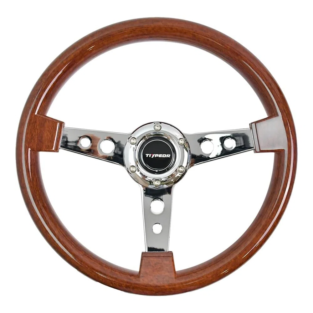 Klassisches Holzlenkrad, 350 mm (14 Zoll), universell einsetzbar, für Rennwagen, Retro-Design, 3 Speichen, 6 Schrauben, mit Hupenknopf, für Oldtimer-Modifikationen, Sim Driving, Motorsport und JDM.