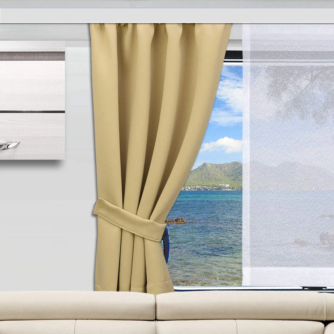 Wohnmobil-Gardine Mattis beige, Höhe 40-80 cm x Breite 70-140 cm | Maßgefertigt, Verdunklungs-Vorhang, Reihband, Blickdicht, Für Caravan & Wohnwagen