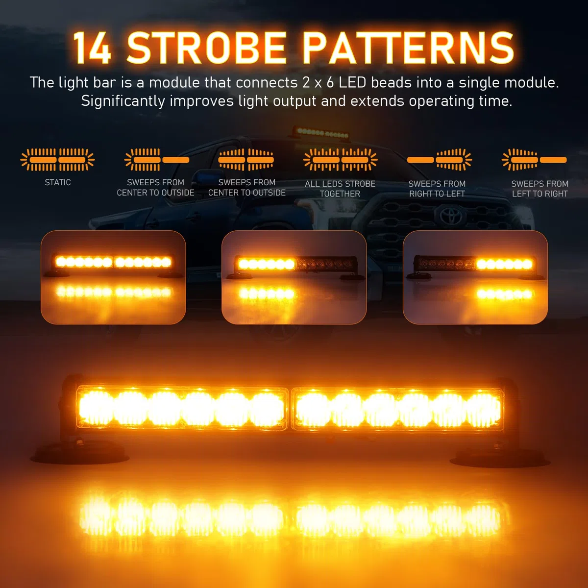 Dinfu 12 Zoll Blinken LED Warnleuchte Akku Gelbe Lichtleiste, 12v frontblitzer orange led blitzer mit 14 Blinkende Stroboskop-Modi für Auto Pkw Truck Traktor KFZ LKW (mit Zigarettenanzünder)