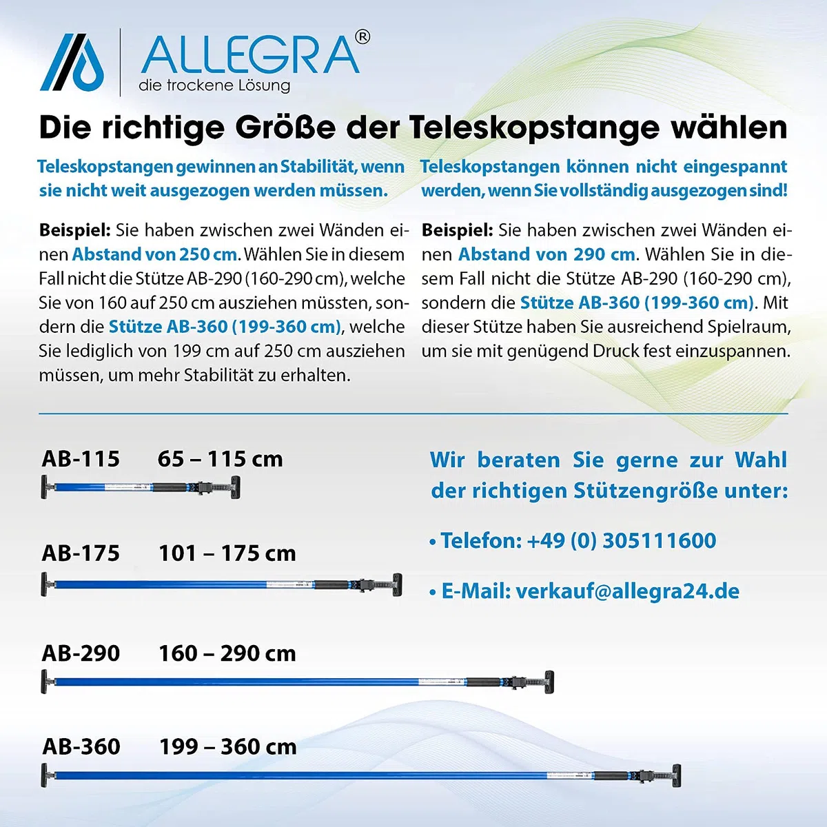 ALLEGRA Klemmstange Ladungssicherung 160–290 cm – Verstellbare Transportsicherung für PKW, Transporter & Anhänger, ausziehbare Spannstange für Laderaum & Türen (Blau)