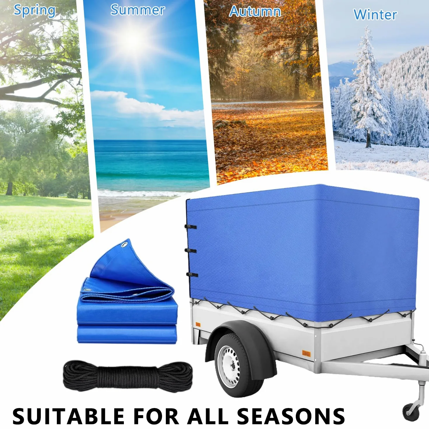Anhänger Hochplane, Allwetter-langlebiger Trailer Cover mit Seil, 600d Oxford-Gewebe Abdeckplane Anhänger Abdeckung Plane für 750kg PKW Hänger (Mit Reißverschluss hinten)