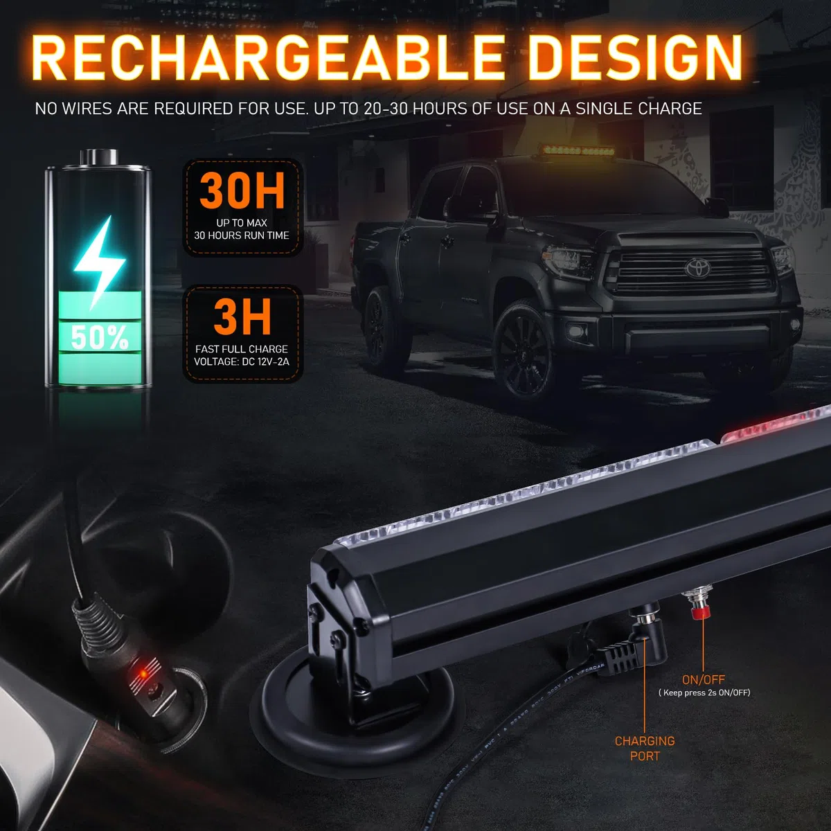 Dinfu 12 Zoll Blinken LED Warnleuchte Akku Gelbe Lichtleiste, 12v frontblitzer orange led blitzer mit 14 Blinkende Stroboskop-Modi für Auto Pkw Truck Traktor KFZ LKW (mit Zigarettenanzünder)