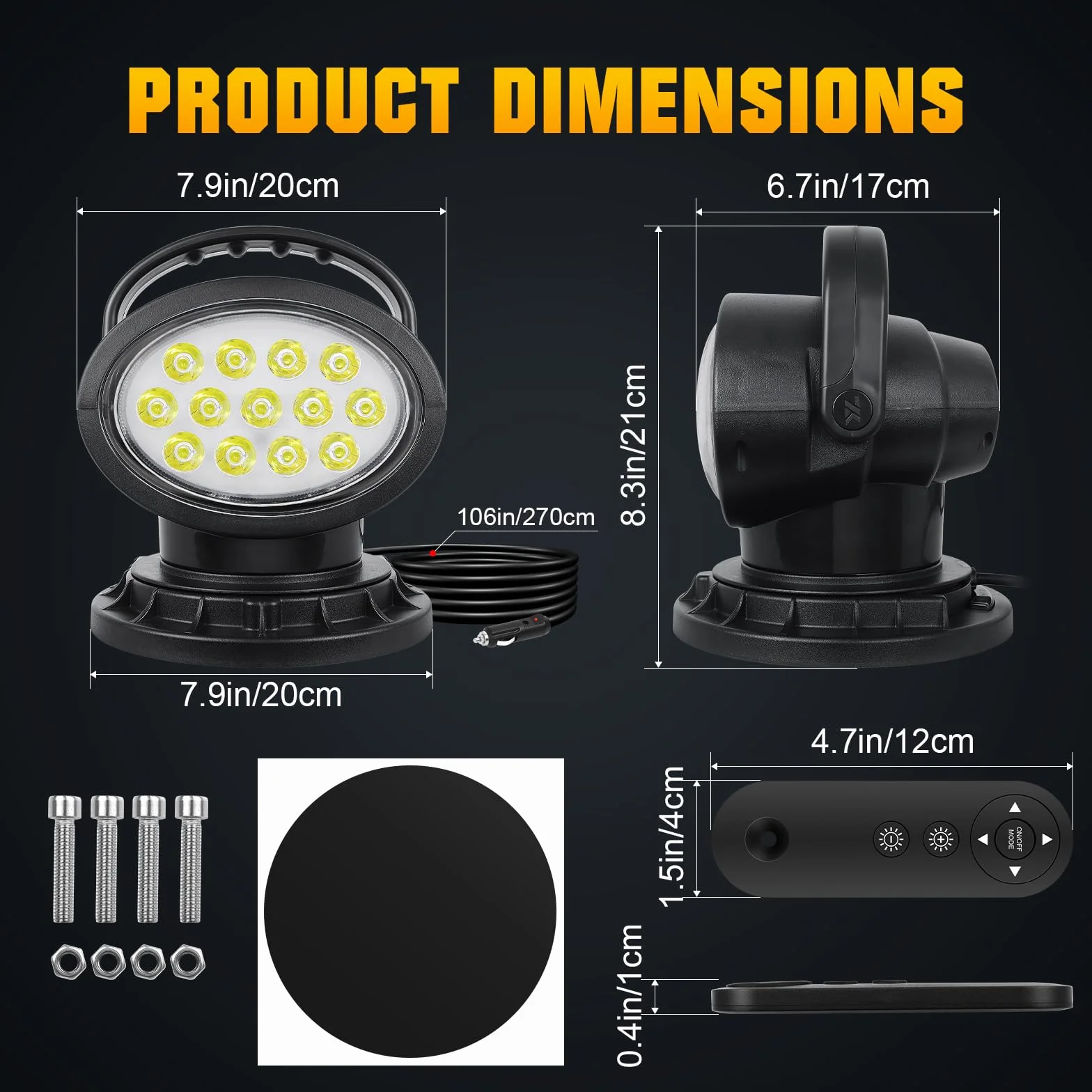 RIGIDON Led arbeitsscheinwerfer mit magnetfuß, 8 Zoll 38W Led suchscheinwerfer 12V mit fernbedienung, Spot offroad scheinwerfer für Auto SUV ATV Traktor LKW KFZ 4x4 Boot, 6000K Weiß arbeitslicht