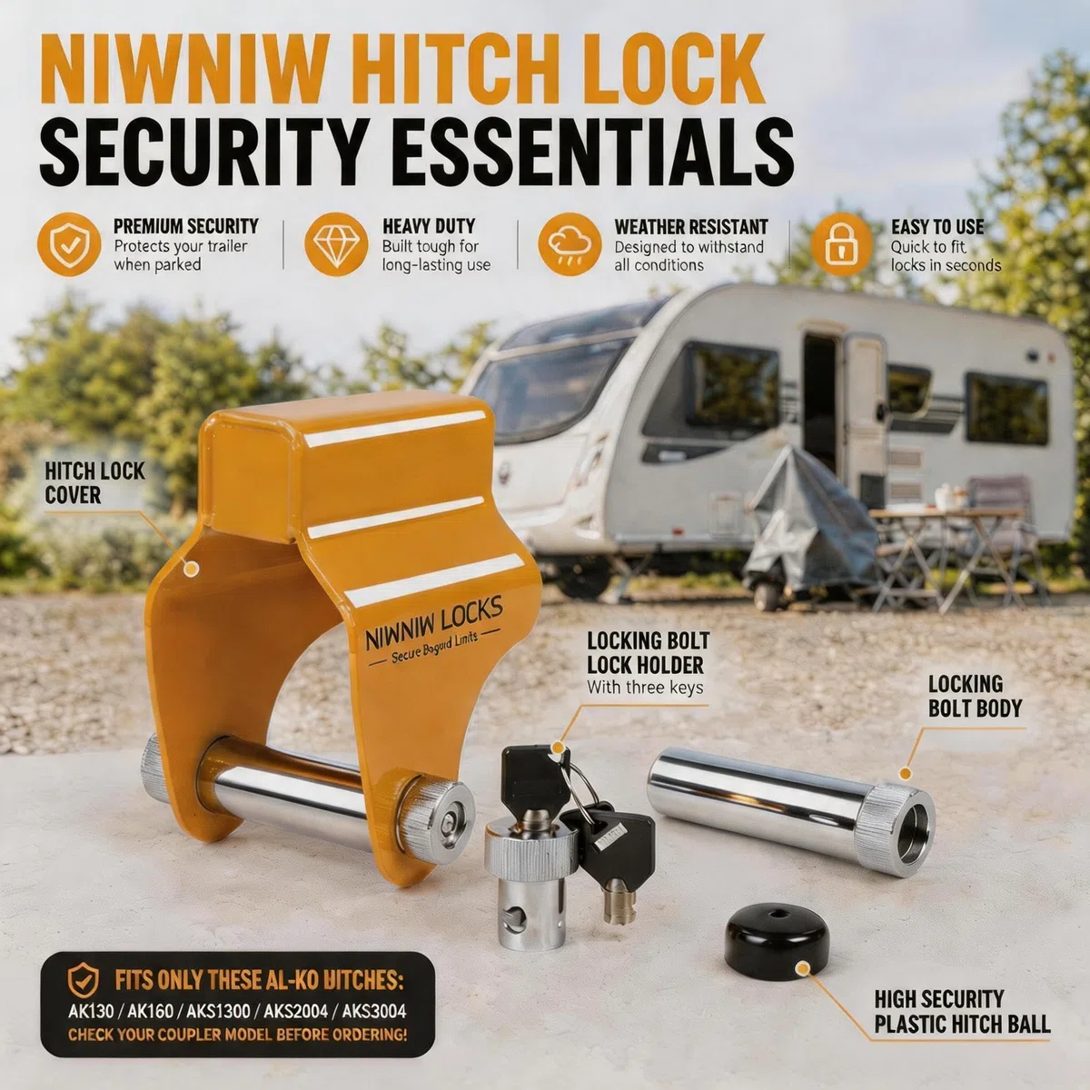 NiwNiw Deichselschloss & Wohnwagen Schloss für ALKO AK130/160,AKS1300/2004/3004 | Diebstahlsicherung mit Antischlingerkupplung für Caravan & Anhänger