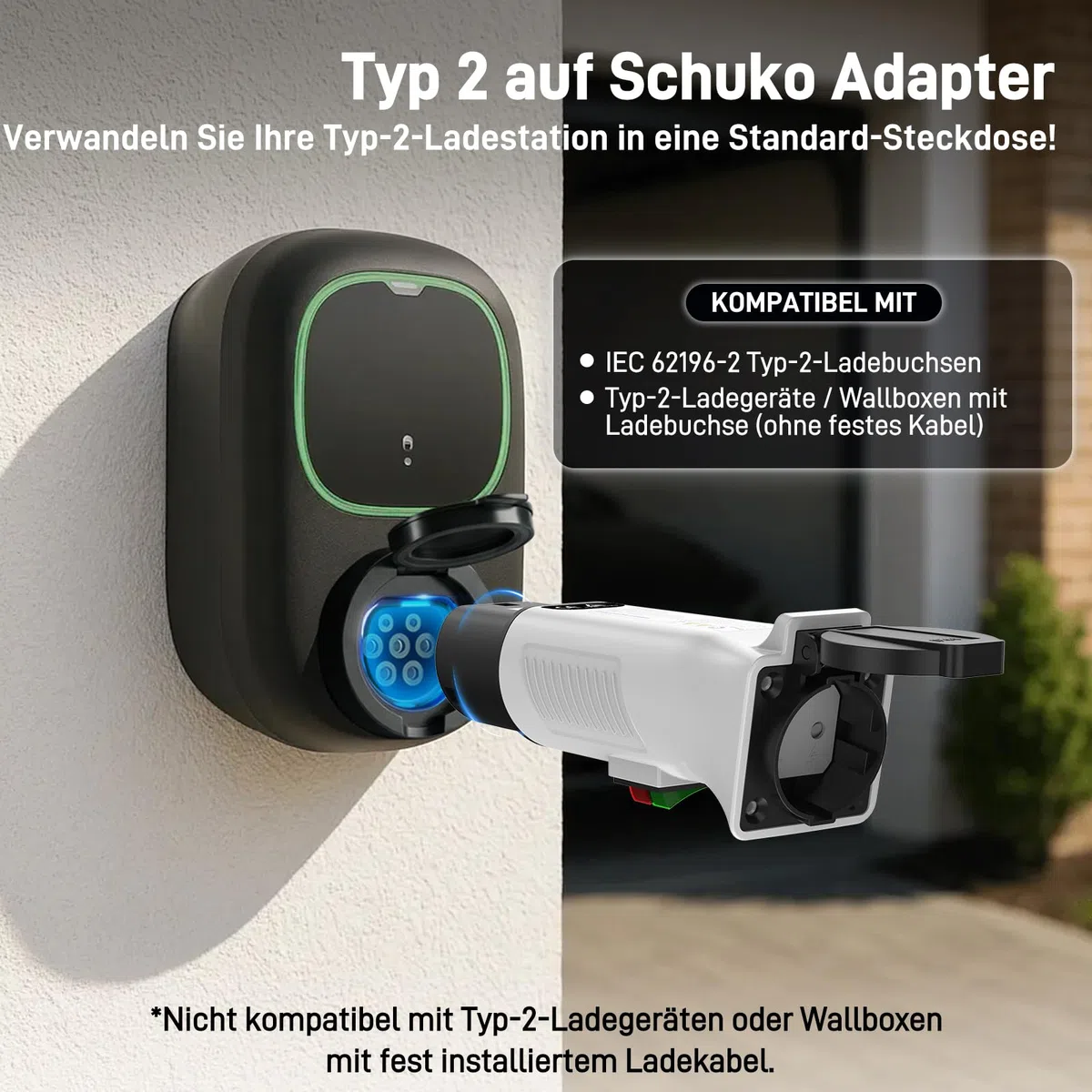 Typ 2 auf Schuko Adapter für Ladestation & Wallbox (230 V, 16 A, 3,68 kW, IP44) | Typ 2 Stecker auf Schuko-Steckdose für E-Bike, E-Scooter, Motorrad & Elektrorollstuhl (Nicht für V2L)
