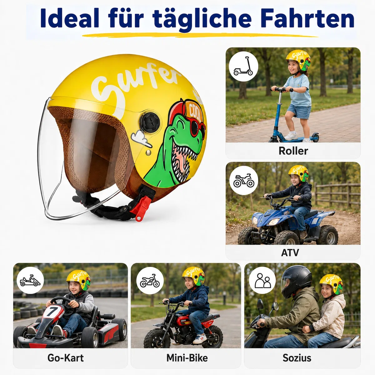 FREEUP Motorradhelm Kinder Mädchen Junge, Kid Jet Helm mit Visier, Dinosaurier Mofa Helm Kids Scooter Fahrradhelm, Schnellverschluss, Herausnehmbar, Waschbar, 48-55cm, Gelb