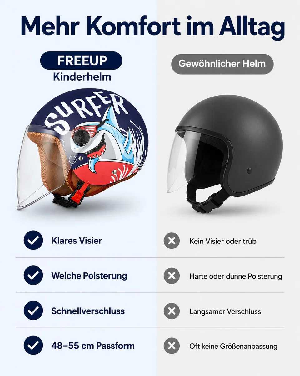 FREEUP Kinder Motorradhelm Roller Helm jethelm mit Sonnenblende, Mädchen Rollerhelm Junge Mofa helm, Schnellverschluss tasche, 48-55cm, für 5 Jahre - 12 Jahre Kid