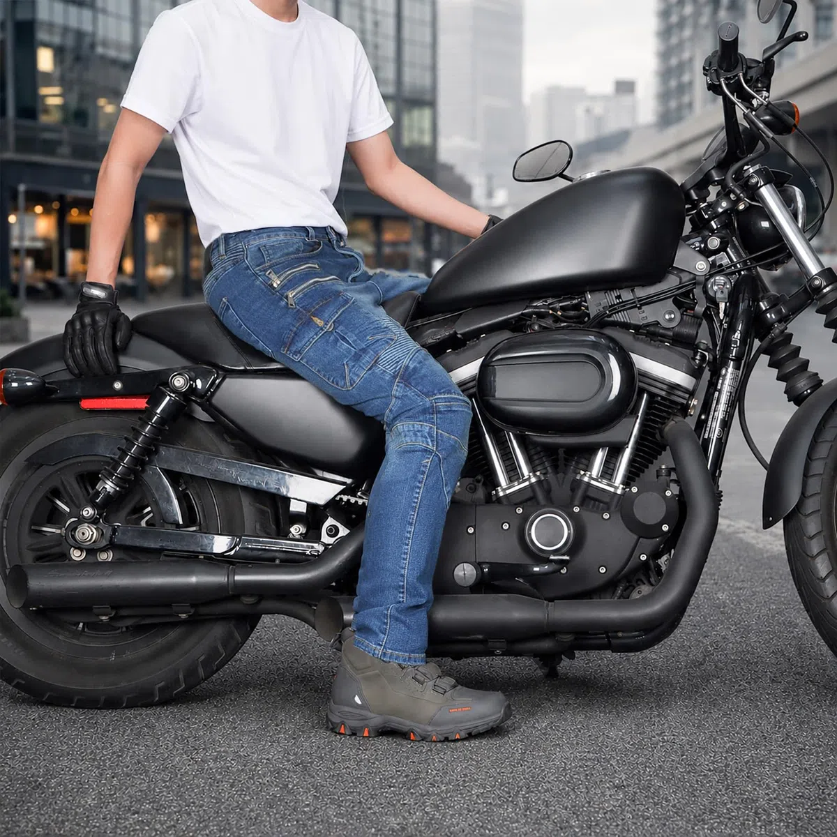 Motorradhose Herren Jeans, Motorrad Jeans Herren Stretch Denim, Cargo Biker Hose Männer, Vorgeformter Schnitt, Mehrere Taschen, Urban Motorradbekleidung 4 Jahreszeiten