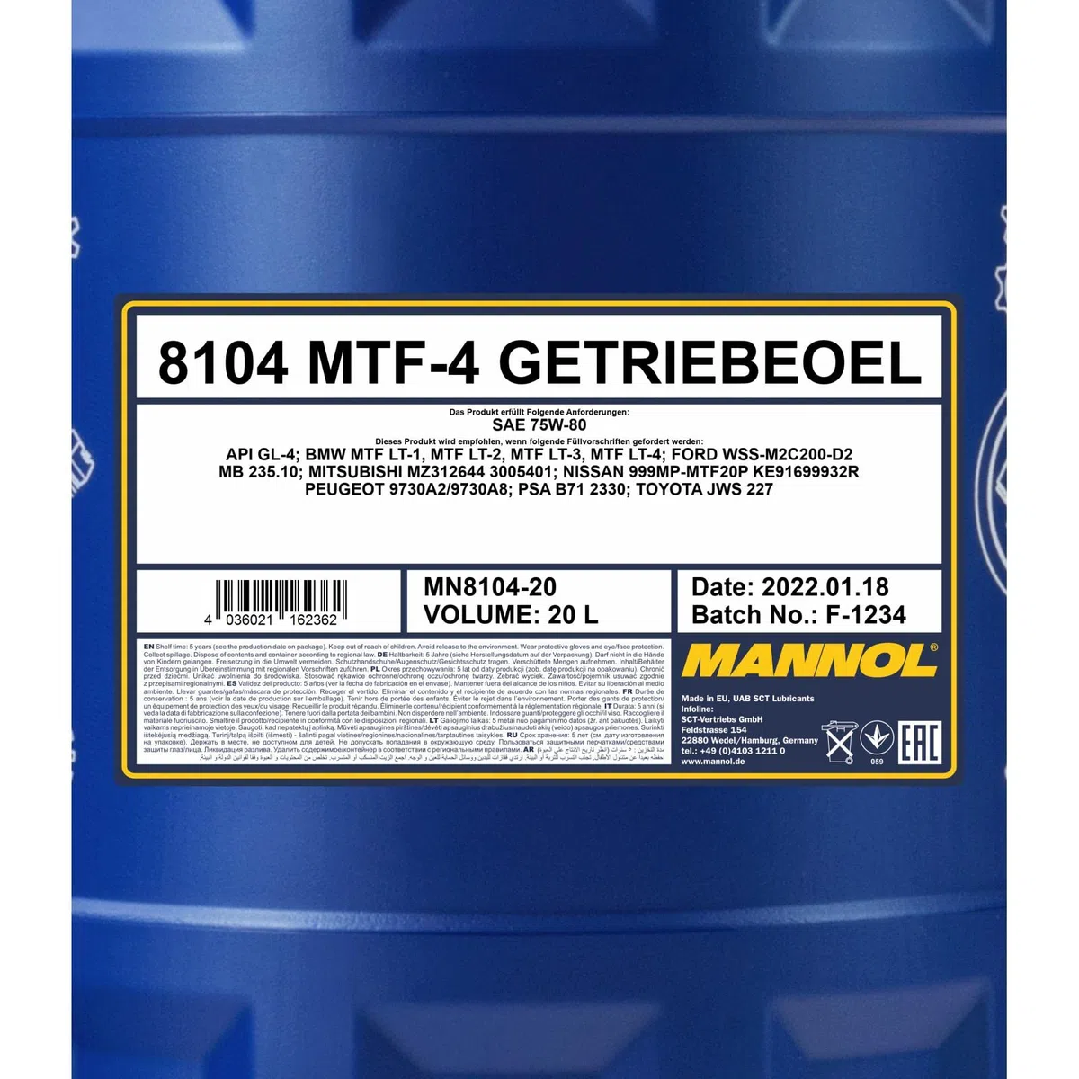 MANNOL 8104 MTF-4 Getriebeöl 75W-80 synthetisch GL-4 Schaltgetriebe, 20L | Synthetisches Schaltgetriebeöl, API GL-4, für BMW, Volvo, Toyota, Nissan, Peugeot, Honda, mit hohem Verschleißschutz
