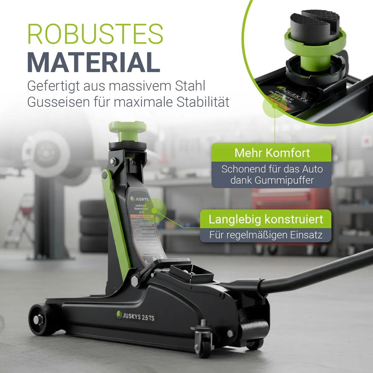 Juskys Wagenheber 2,5 t – Hydraulischer Rangierwagenheber aus Stahl 85–390 mm, mit Transportbox, Gummiauflagen & Zubehör – Schwarz/Grün