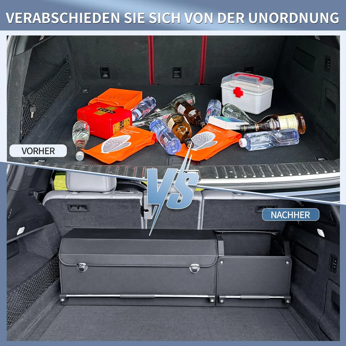 Auto Kofferraum Organizer mit Deckel – 2-in-1 Modulares XXL-Kofferraumtasche, Multifunktionaler Aufbewahrungsbox aus Leder, ABS-verstärkter Rahmen & Push-Pull-Griff (104x29x31cm, Schwarz)