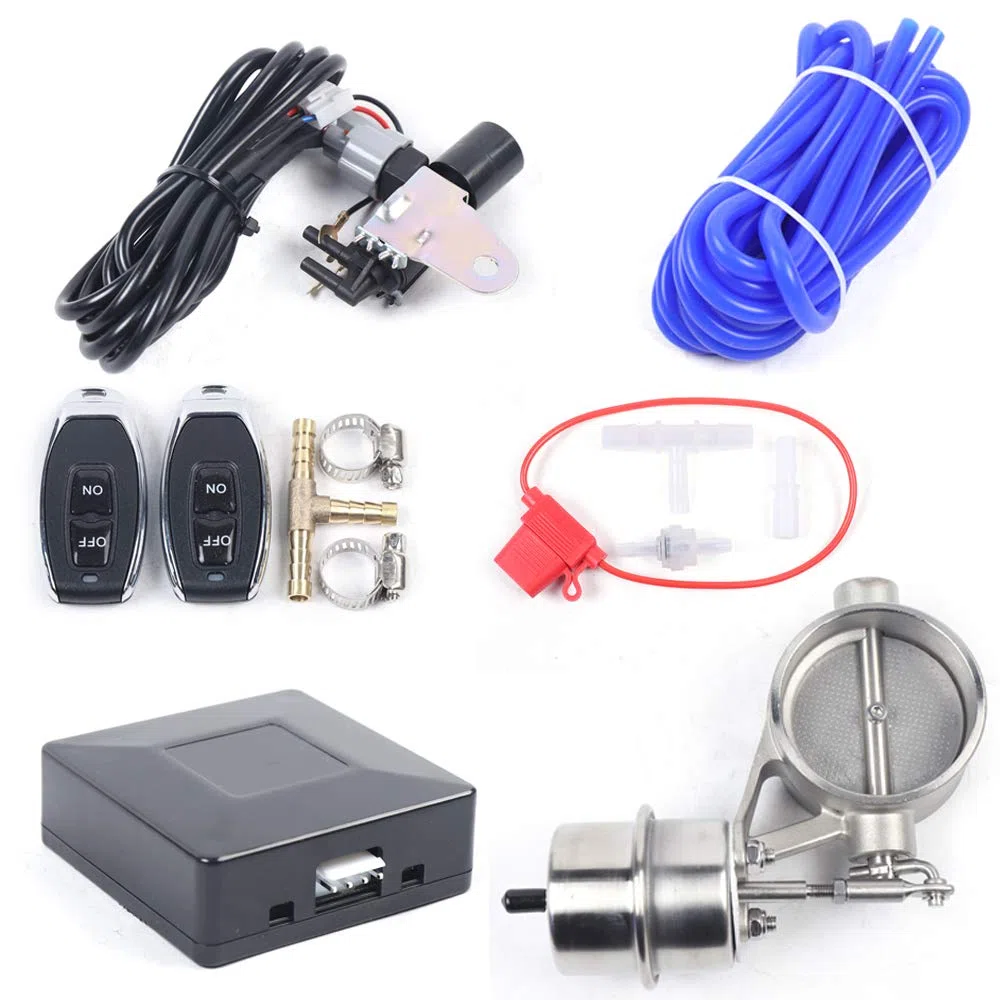 2,5 Zoll Elektronische Auspuffklappe 12V，Fernbedienbare Auspuffventil mit 2 Fernbedienungen Edelstahl Auspuff Absperrklappe für Benzinautos