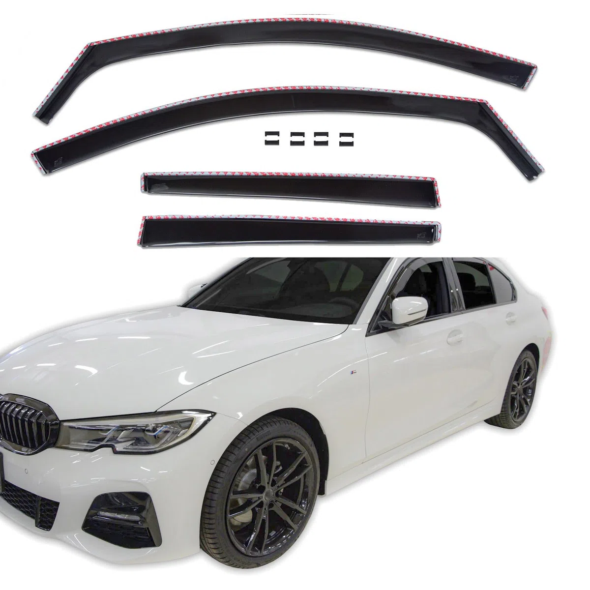 J&J AUTOMOTIVE GP Windabweiser passend für BMW 3 Series G20 / G21 4/5-Türer ab 2018 4tlg, Vorne und Hinten Regenabweiser Passform Getönt Schwarz