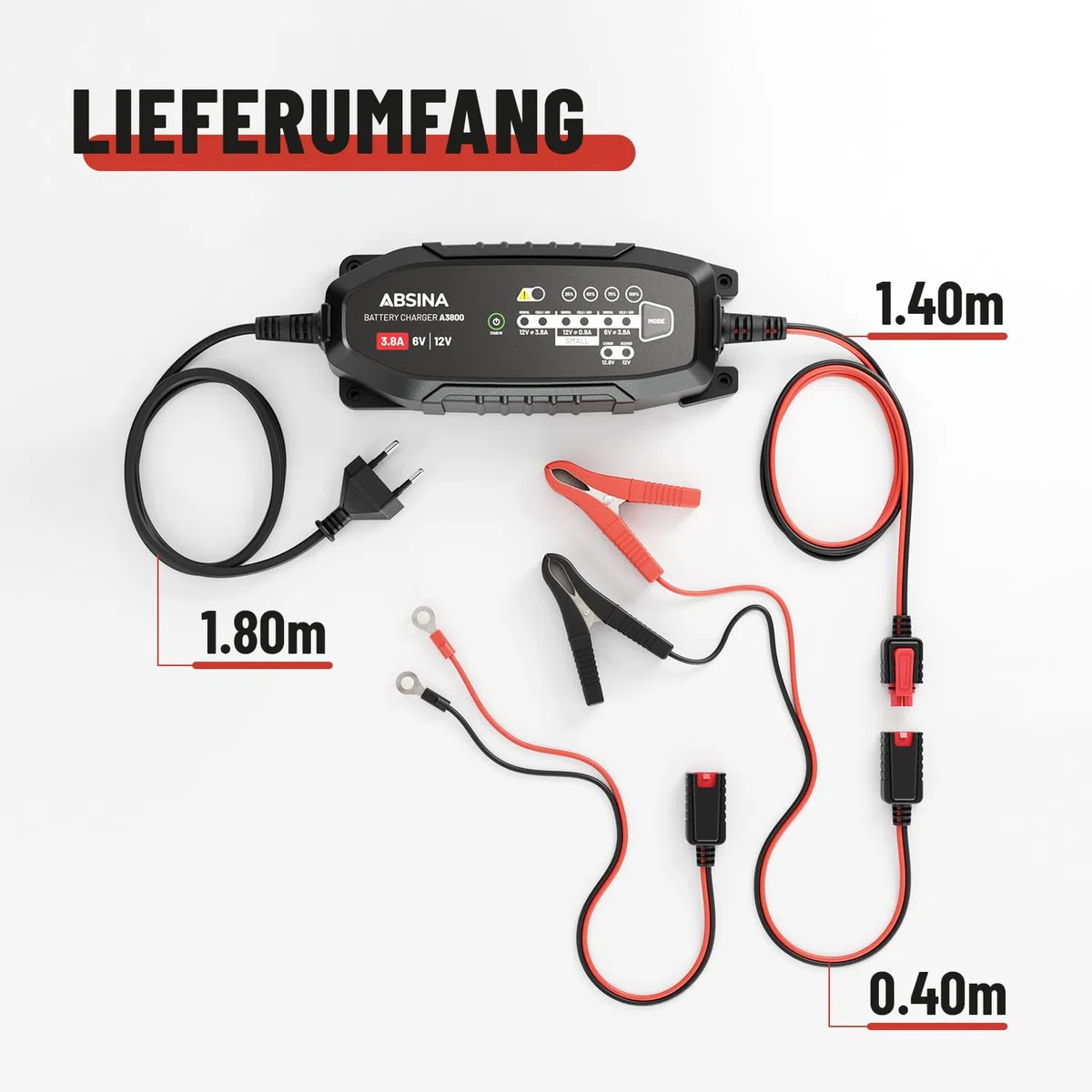 ABSINA 3,8 A Batterieladegerät KFZ für 6V & 12V Blei Batterie bis 120Ah & 12,8V Lithium - Ladegerät Autobatterie - AGM Ladegerät für Auto Motorrad Wohnwagen - Erhaltungsladegerät