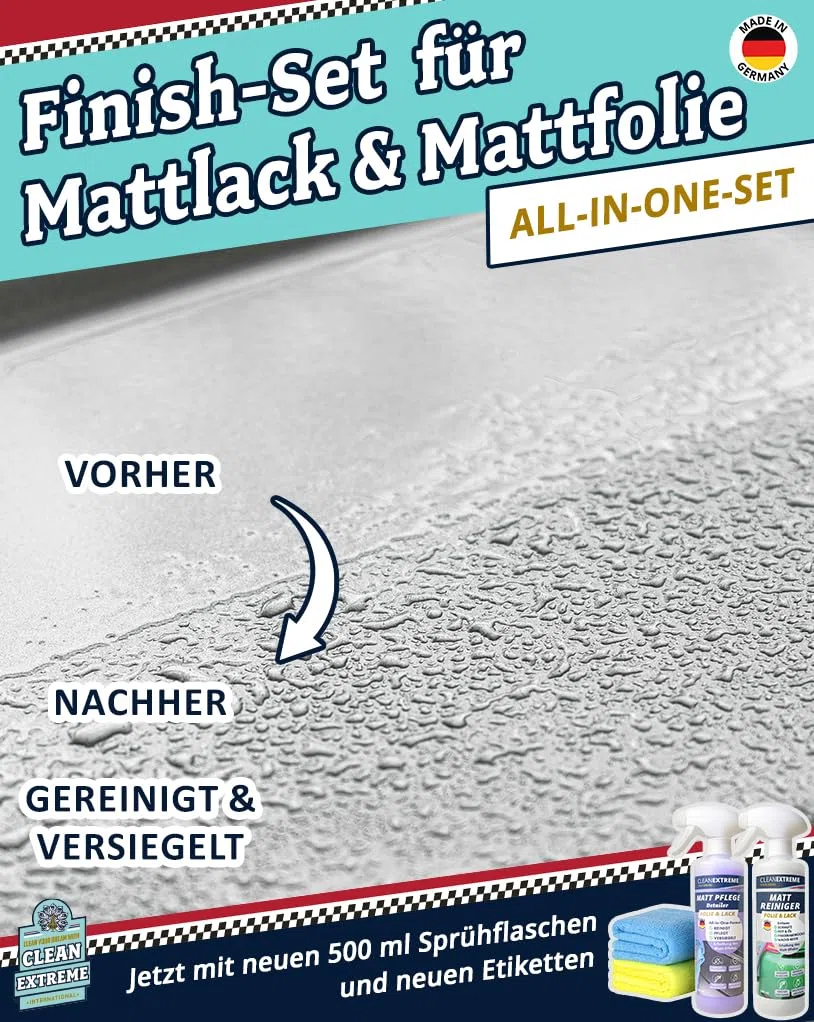 500ml Auto Mattlack Pflege + 500ml Mattlack Intensiv Reiniger + 2 Mikrofasertücher | Finish Set | Zum Reinigen Pflegen Versiegeln von Autolack matt & Matt-Folie
