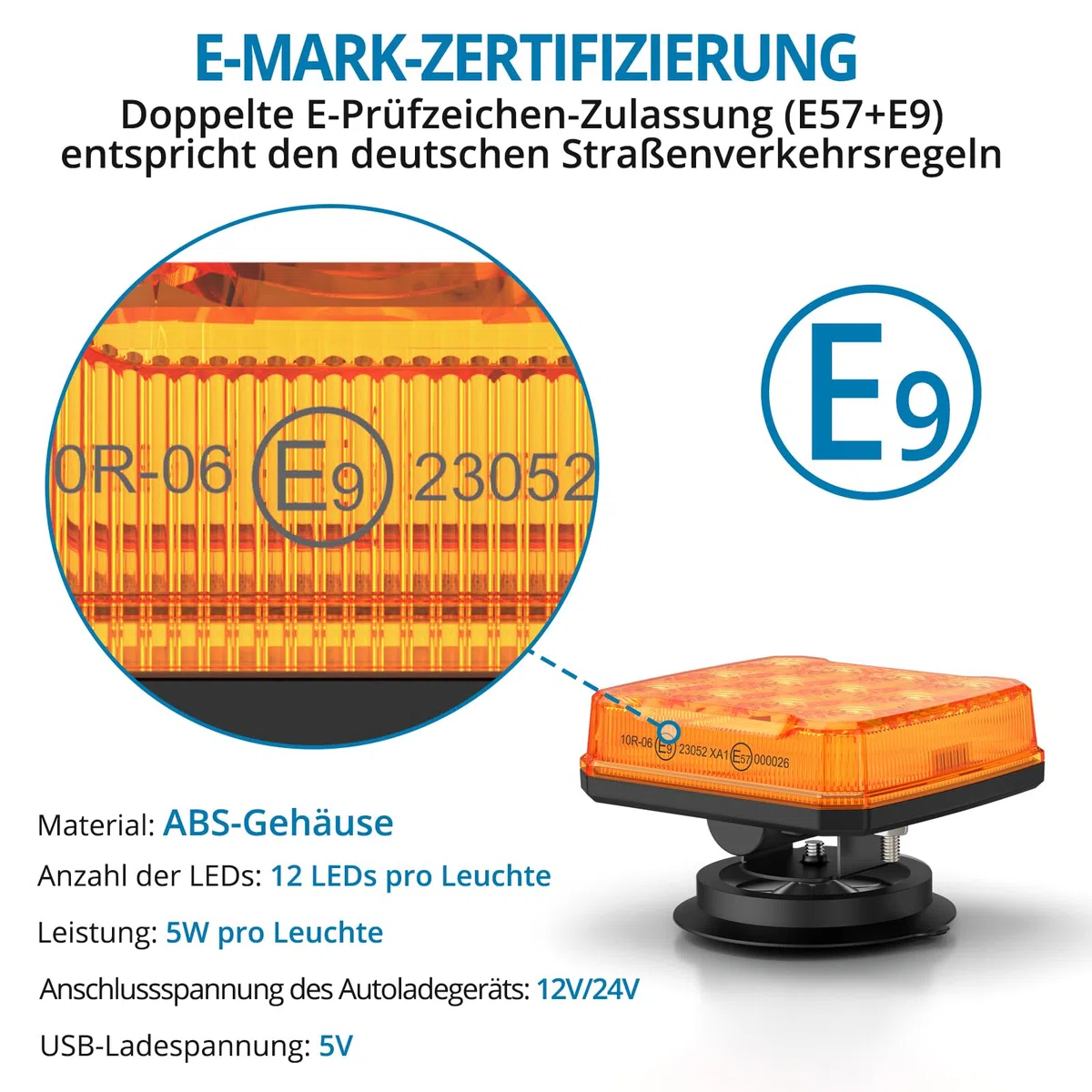 AUTOUTLET 2 Stück Warnleuchten Wiederaufladbar, Kabellose LED Magnetische Warnlicht mit 2000mAh Akku & 18 Blinkmodi, IP65 Wasserdicht Blinklichter E9 & E57 Mark, Warnung Beacon Notfall Lichter