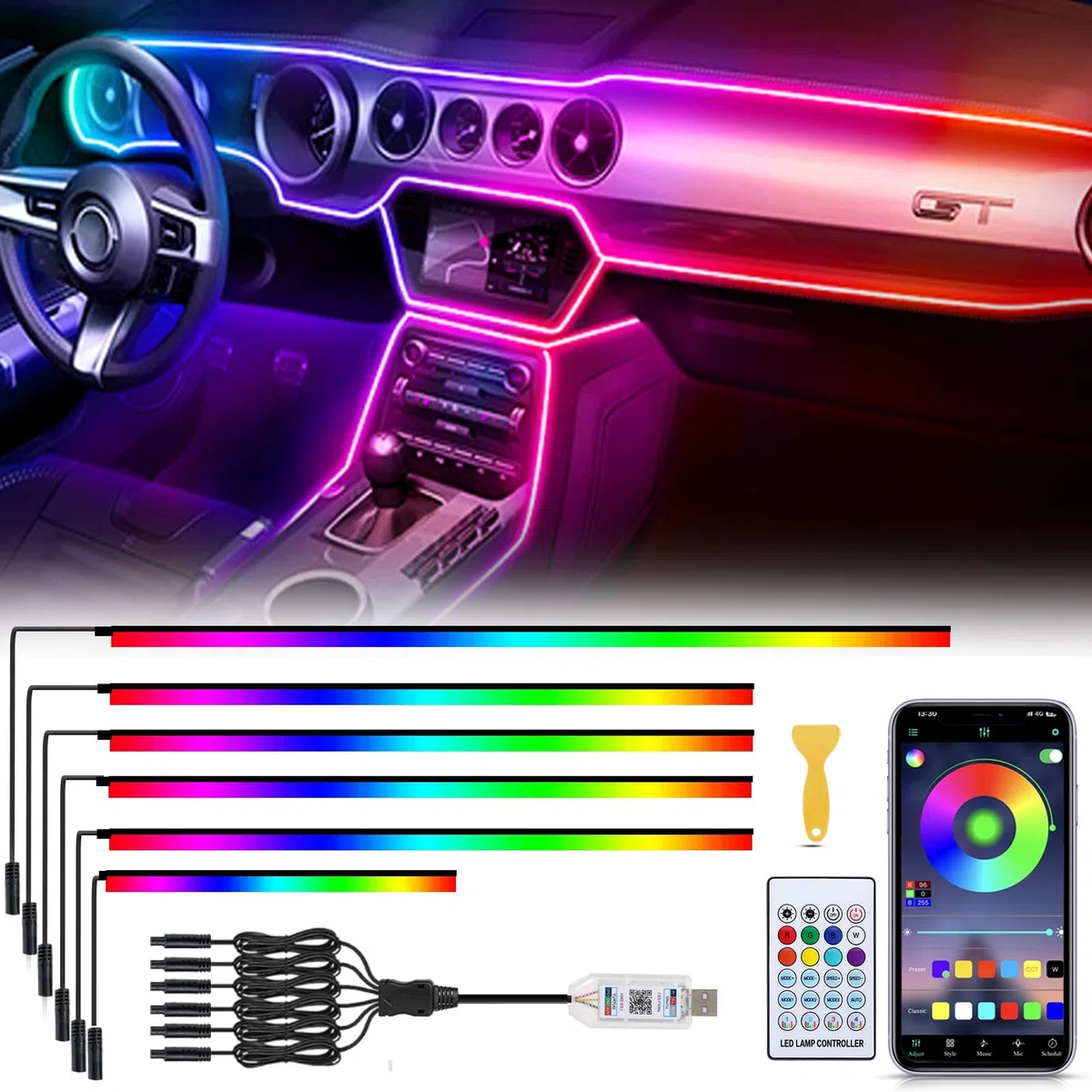 GPJYD Acryl 6 IN 1 Auto Ambientebeleuchtung, RGB LED Auto Innenbeleuchtung Strip Lights 445cm 584 LEDs mit 16 Millionen Farben, 210 Dynamische, USB-Port A uto LED Innenbeleuchtung