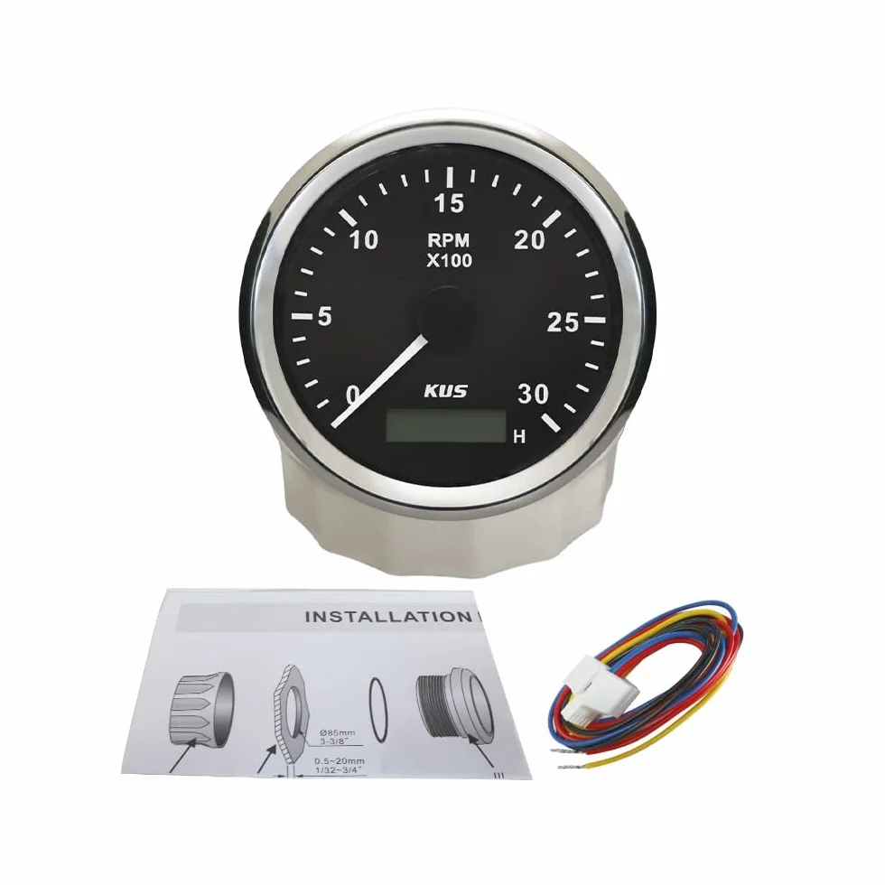 KUS Wasserdichte Drehzahlmesser Drehzahlmesser Mit Betriebsstundenzähler 3000 RPM 85mm 12 V / 24 V Mit Hintergrundbeleuchtung (Schwarz)