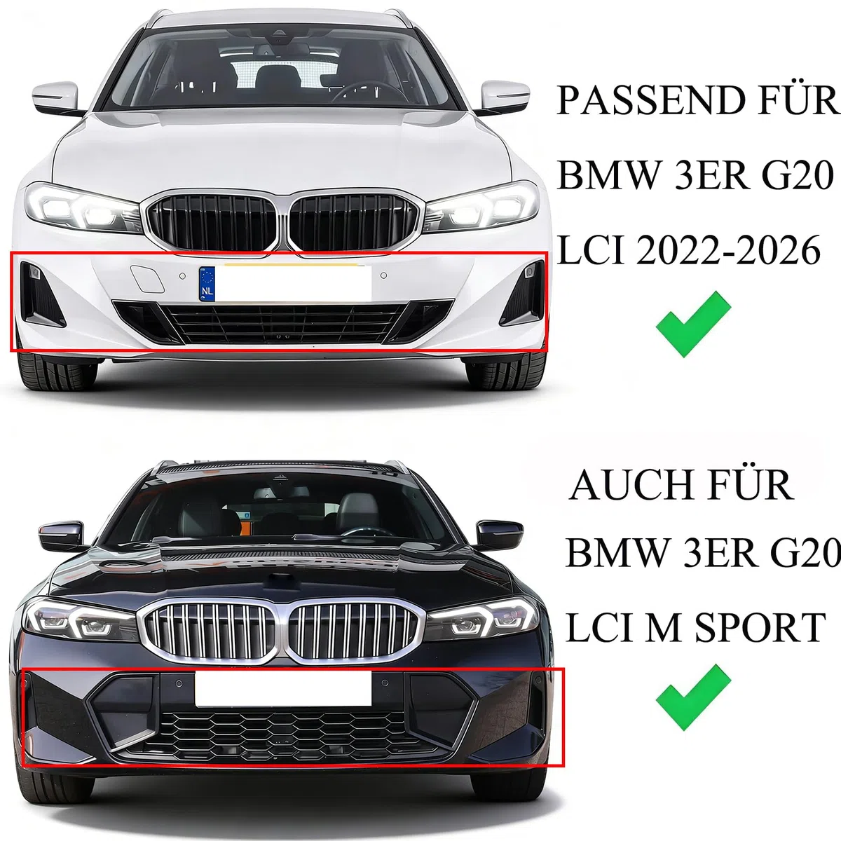 Sport Kühlergrill Nieren kompatibel mit BMW 3er G20 G21 Bj. 2022-2025 LCI Doppelsteg Glanz Schwarz Grill