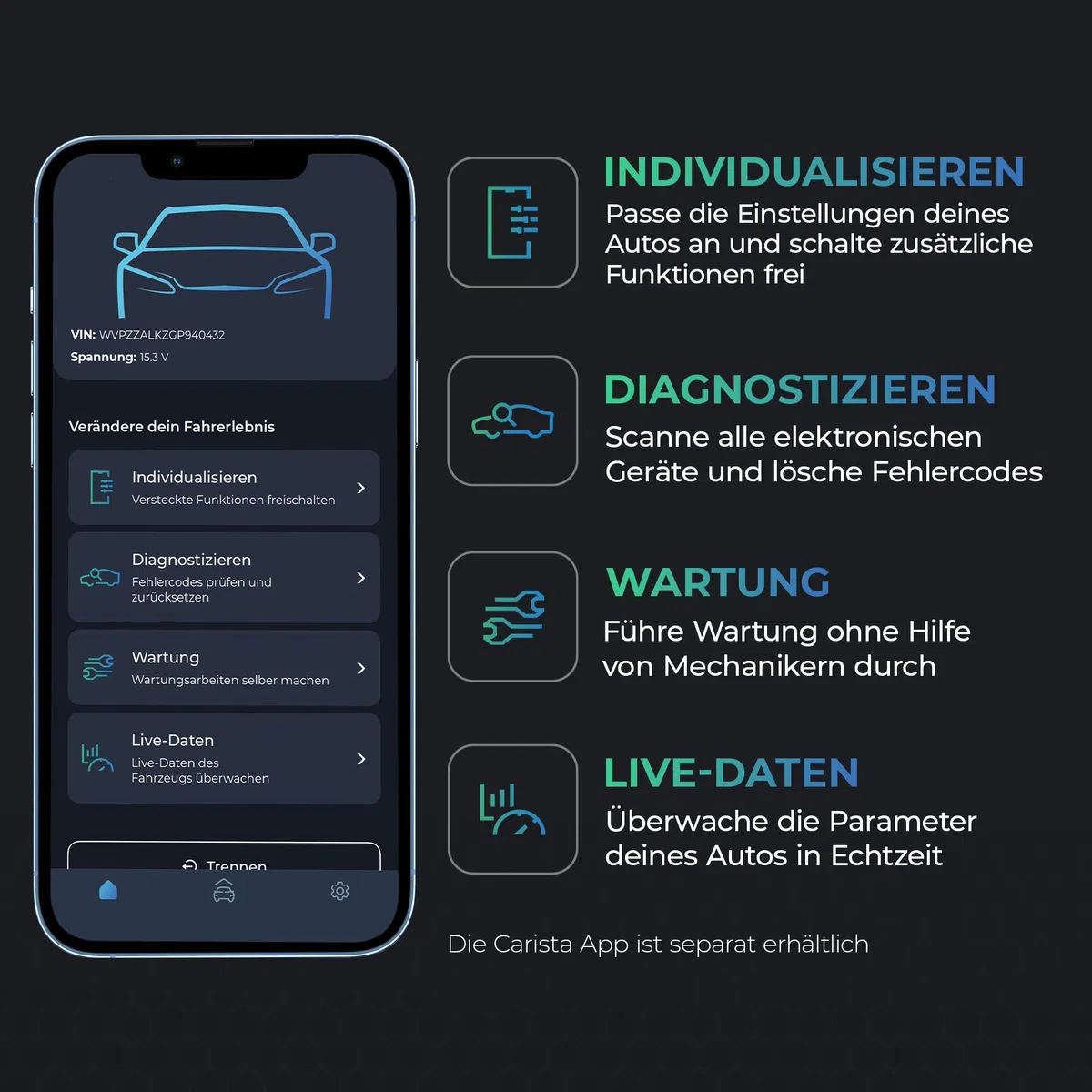CARISTA EVO - OBD2 Diagnosegerät mit Live-Daten - OBD2 Bluetooth Adapter & Codiergerät für alle Marken (VW, Audi, BMW, Skoda, UVM) - OBDII Autoscanner (iOS & Android)