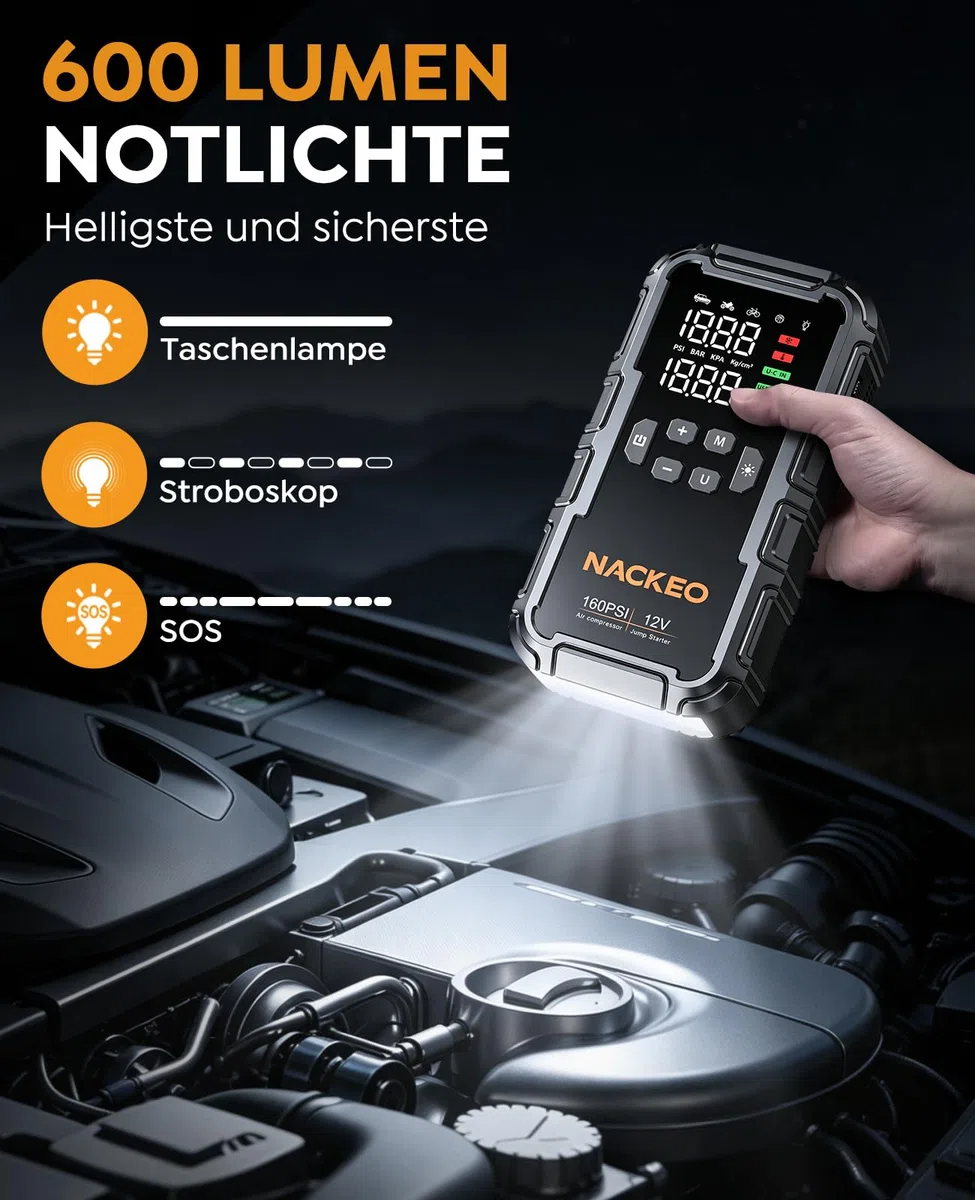8000A Starthilfe Powerbank für Pkw mit Kompressor (160PSI), 12V Auto Starthilfe Powerbank für Benzin & bis 12L Diesel, tragbarer Jump Starter mit 600LM LED-Licht, Starthilfekabeln & großem LCD-Display