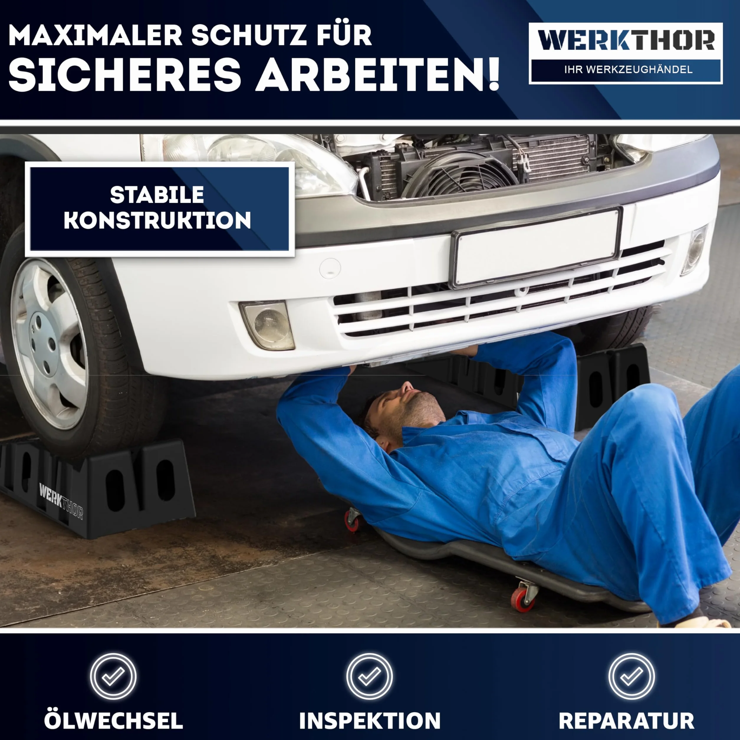 WERKTHOR Auffahrrampe PKW - [2er Set] Auffahrrampen für Maximalen Halt - Robuste Hebebühne Auto für Jeden Untergrund [2,5T] - Perfekt für Fahrzeuge (bis 2.500 kg) - HDPE-Kunststoff