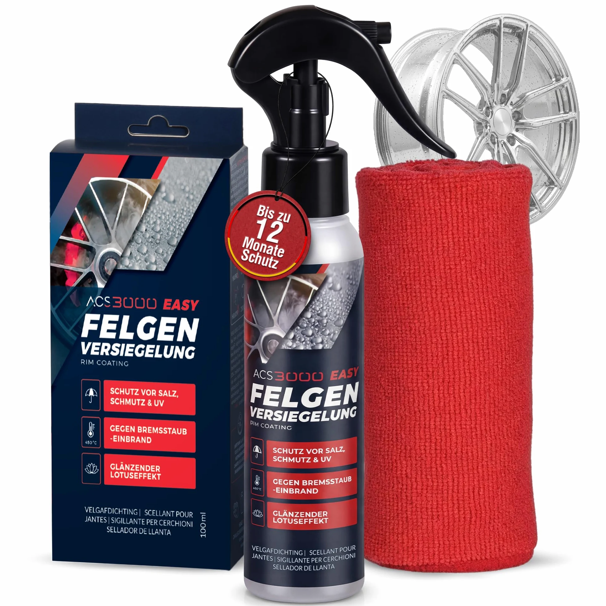 ACS3000 EASY Felgenversiegelung – Keramikbeschichtung für Felgen – Langzeitschutz gegen Bremsstaub, Salz & Schmutz – Hydrophober Lotus-Effekt, Keramik Versiegelung, Schutzversiegelung inkl. Poliertuch