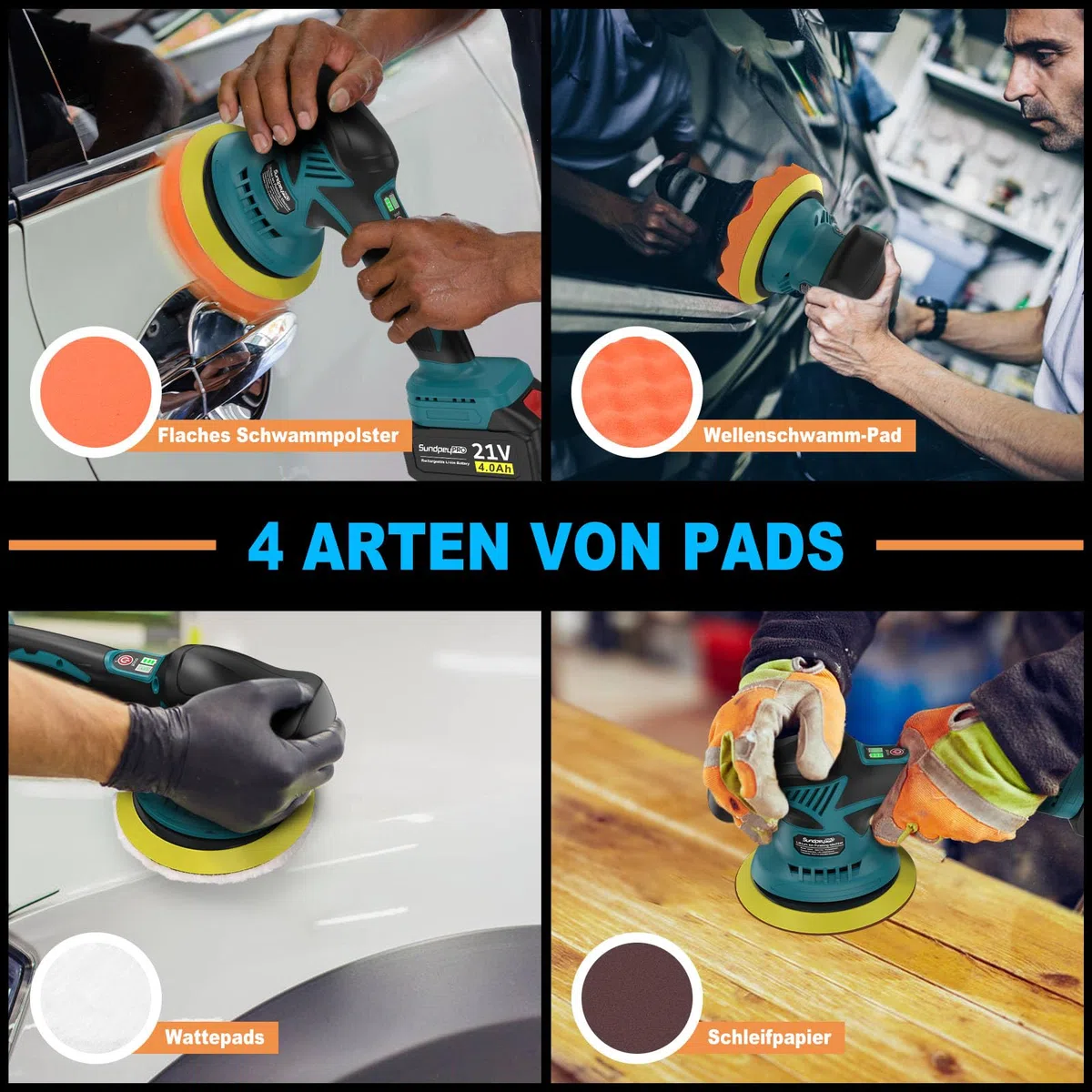 Poliermaschine Auto Akku, 21V Akku Poliermaschine mit 2 * 4000mAh Akkus & 8 Variablen Geschwindigkeiten & 6000RPM, Poliermaschine für die Autopflege Polieren Wachsen Entfernen von Kratzern