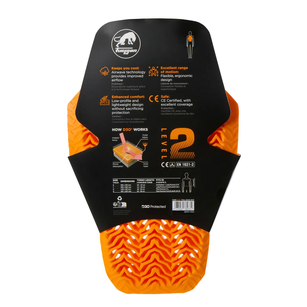 Furygan Full Back Fury D3O EVO – Level 2 zugelassener D3O-Rückenprotektor – zertifizierter Motorradschutz – Leichter, Flexibler Komfort – Belüftungssicherheit, Orange Version 2024 | Atmungsaktiv