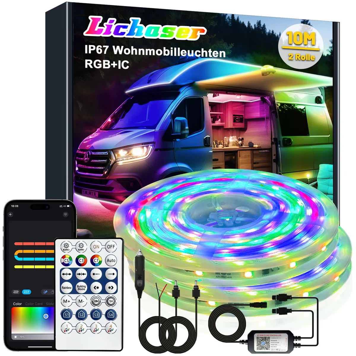Lichaser 10M LED Streifen für Wohnmobile, Wasserdicht 12V LED Lampen für Wohnmobile IP67 RGB+IC mit App und Fernbedienung, Wohnmobilbeleuchtung für den Innen und Außenbereich für Markise Wohnwagen