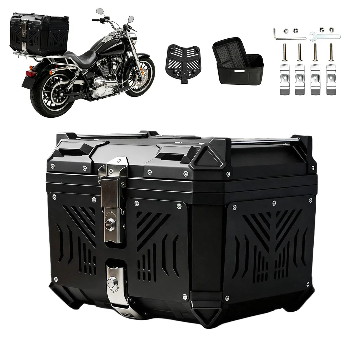 45L Motorrad Topcase wasserdicht mit Sicherheitsschloss, Aluminiumlegierung Motorradkoffer mit Kohlenstoffstahl-Bodenplatte & Diebstahlsicherung mit Federverriegelung, 40*33*33cm für Helm & Zubehör