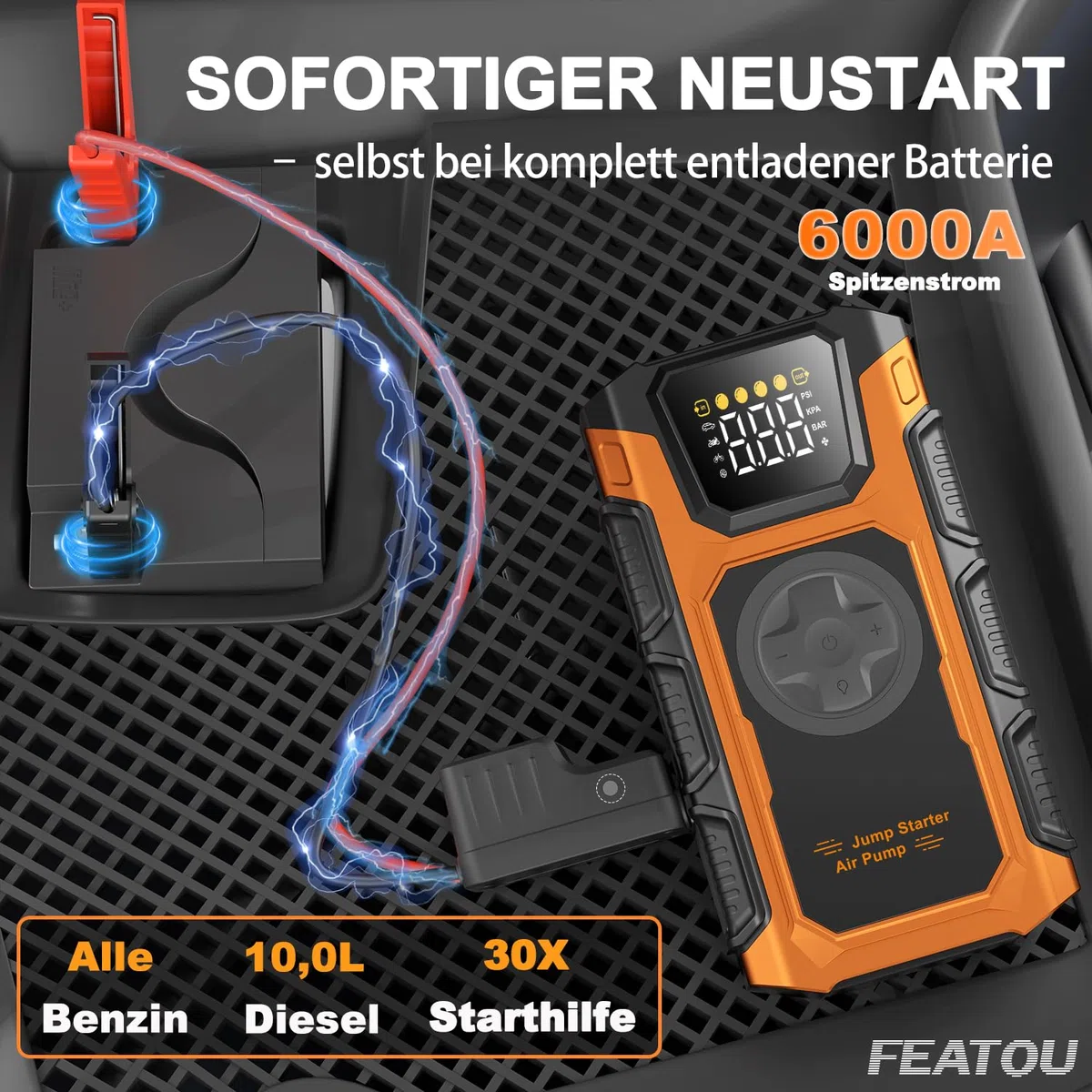 Starthilfe Powerbank für pkw, 6000A Auto Starthilfe Powerbank mit Kompressor 150PSI, 12V Starter Powerbank(bis Alle Benzin/10L Diesel), Batterie Booster Jump Starter mit QC3.0, Jumper/LCD/Taschenlampe